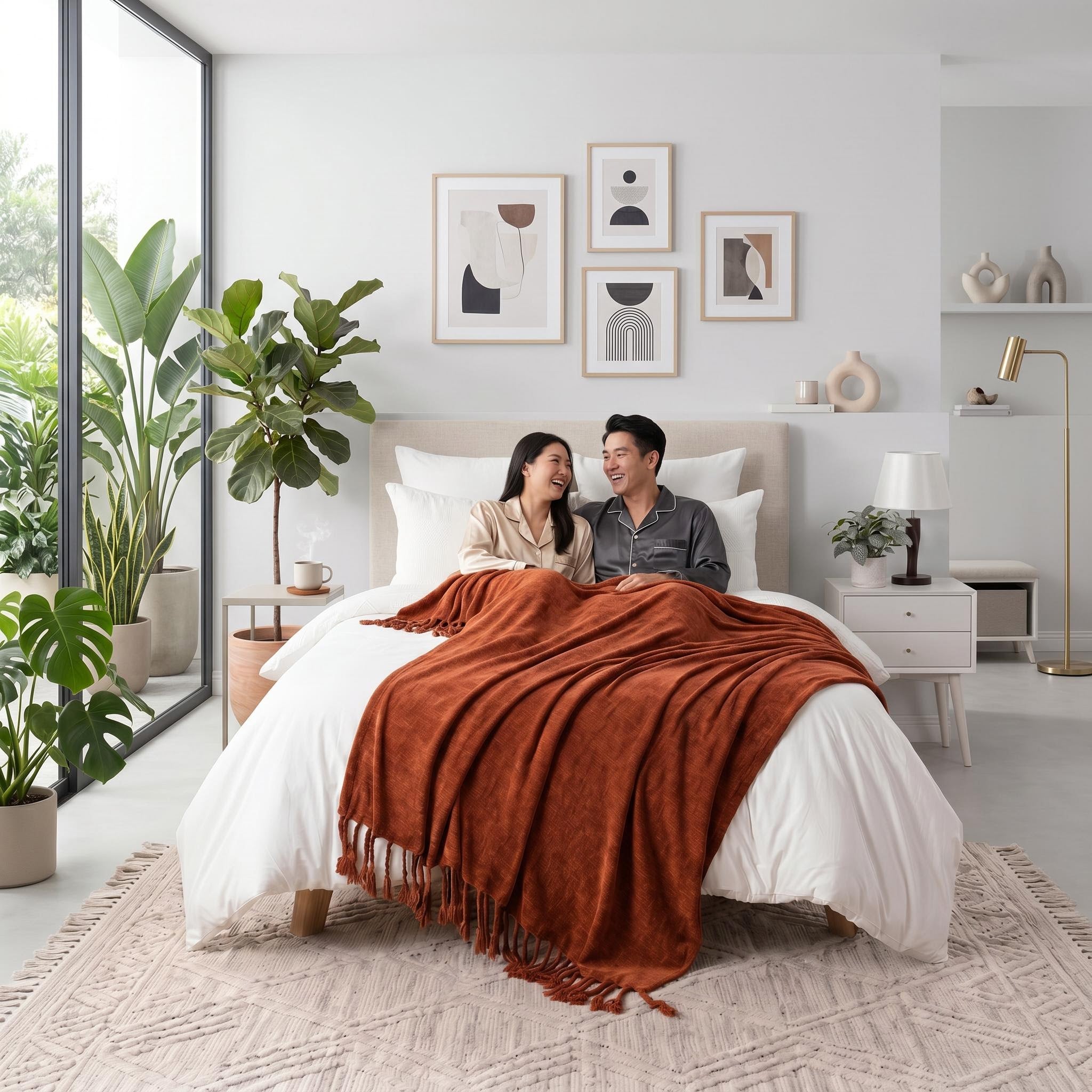 Smiling couple under a rust-colored chenille throw blanket with fringe tassels on a white bed.