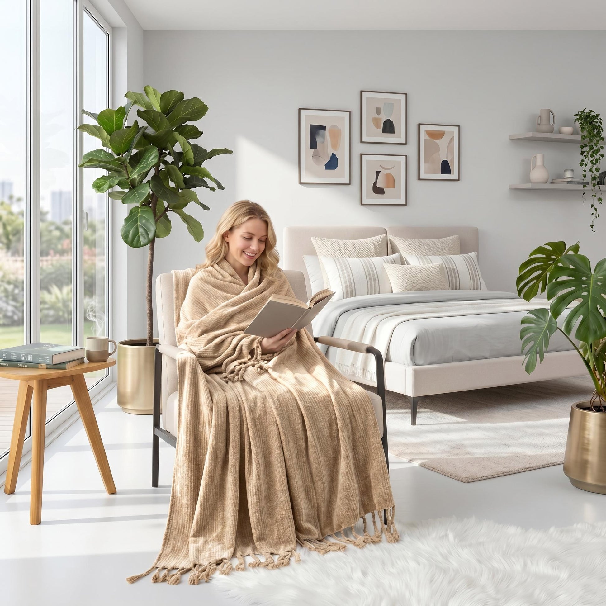 Blonde woman wrapped in a beige chenille throw blanket with fringe tassels, reading in a modern bedroom.