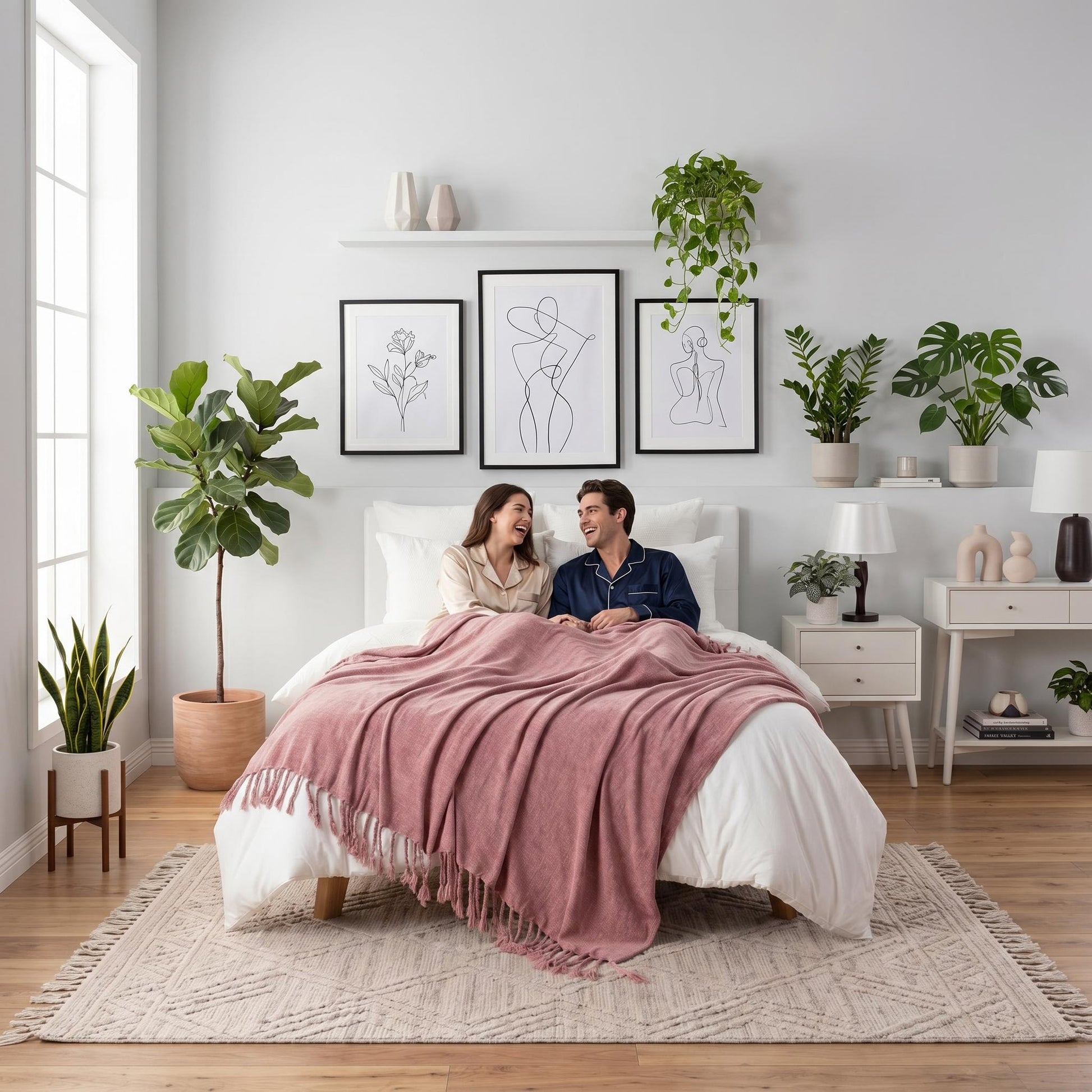 Couple relaxing in bed under a soft pink chenille throw blanket with fringe tassels.