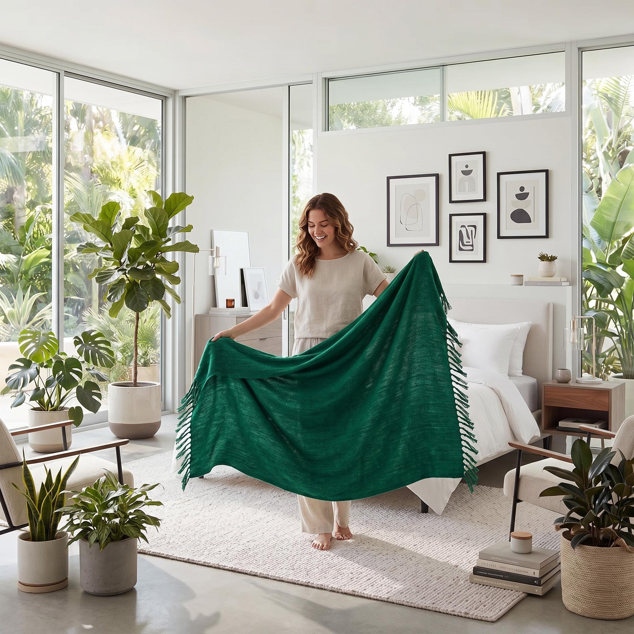 Smiling woman holding a large emerald green chenille throw blanket with fringe tassels in a bright bedroom.