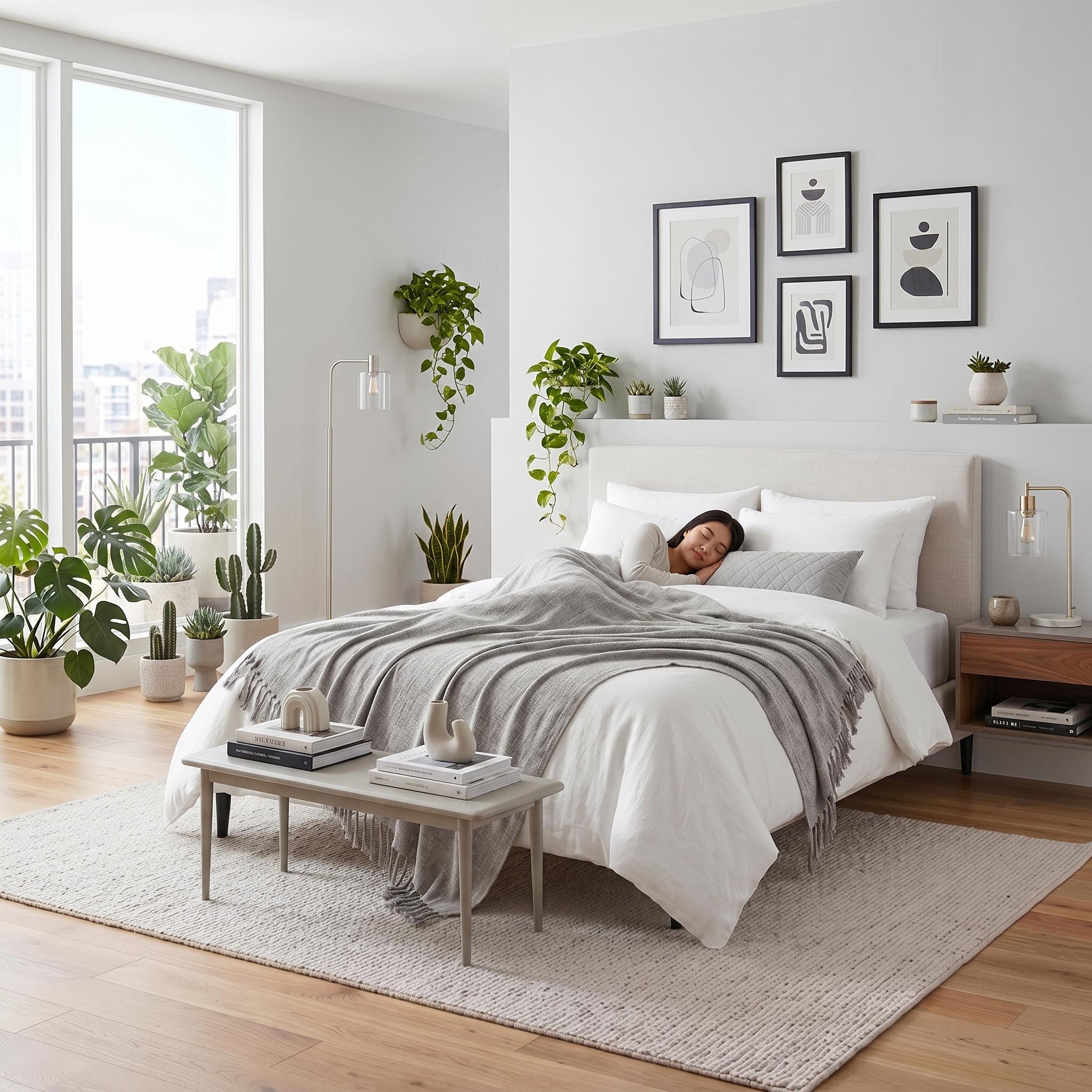 Woman sleeping soundly under a soft gray chenille throw blanket with fringe tassels on a white bed.