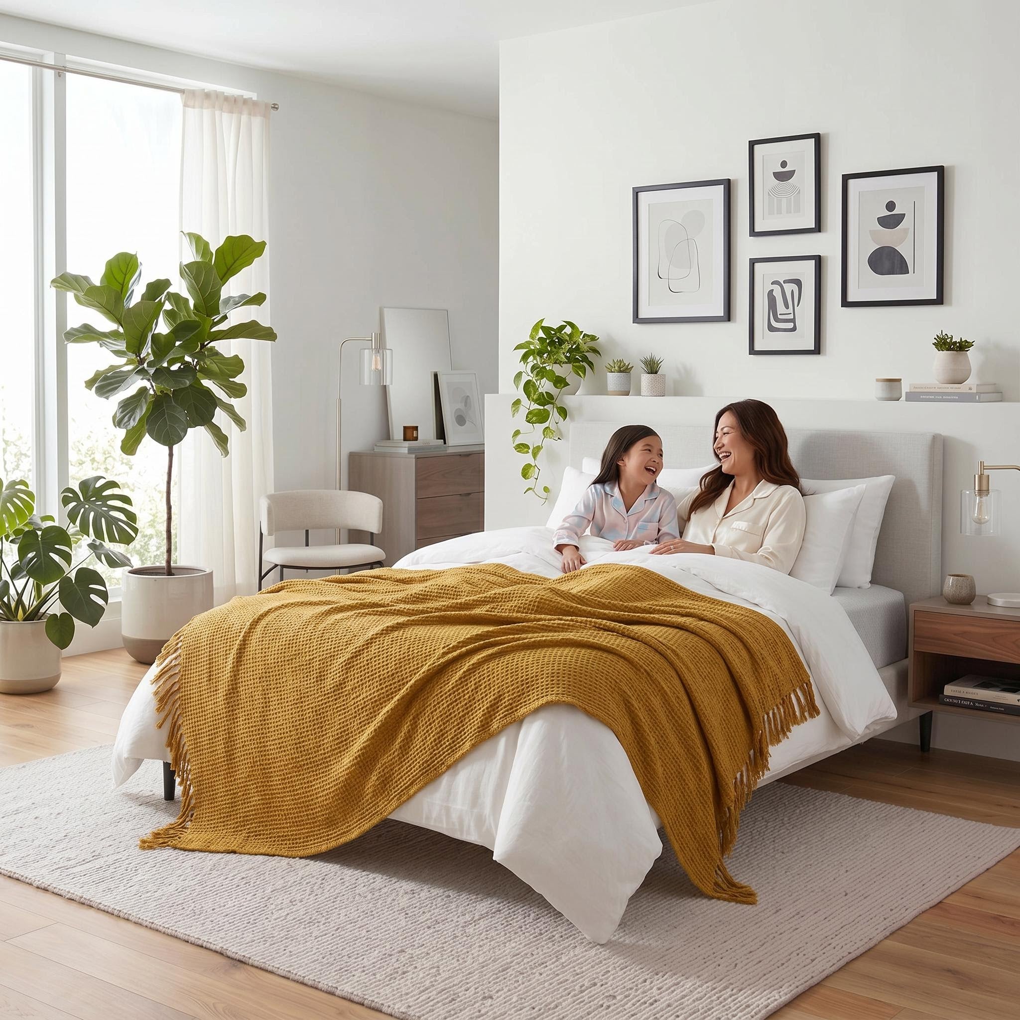 Mustard yellow chenille throw blanket with fringe tassels draped over a bed where a mother and daughter are laughing.