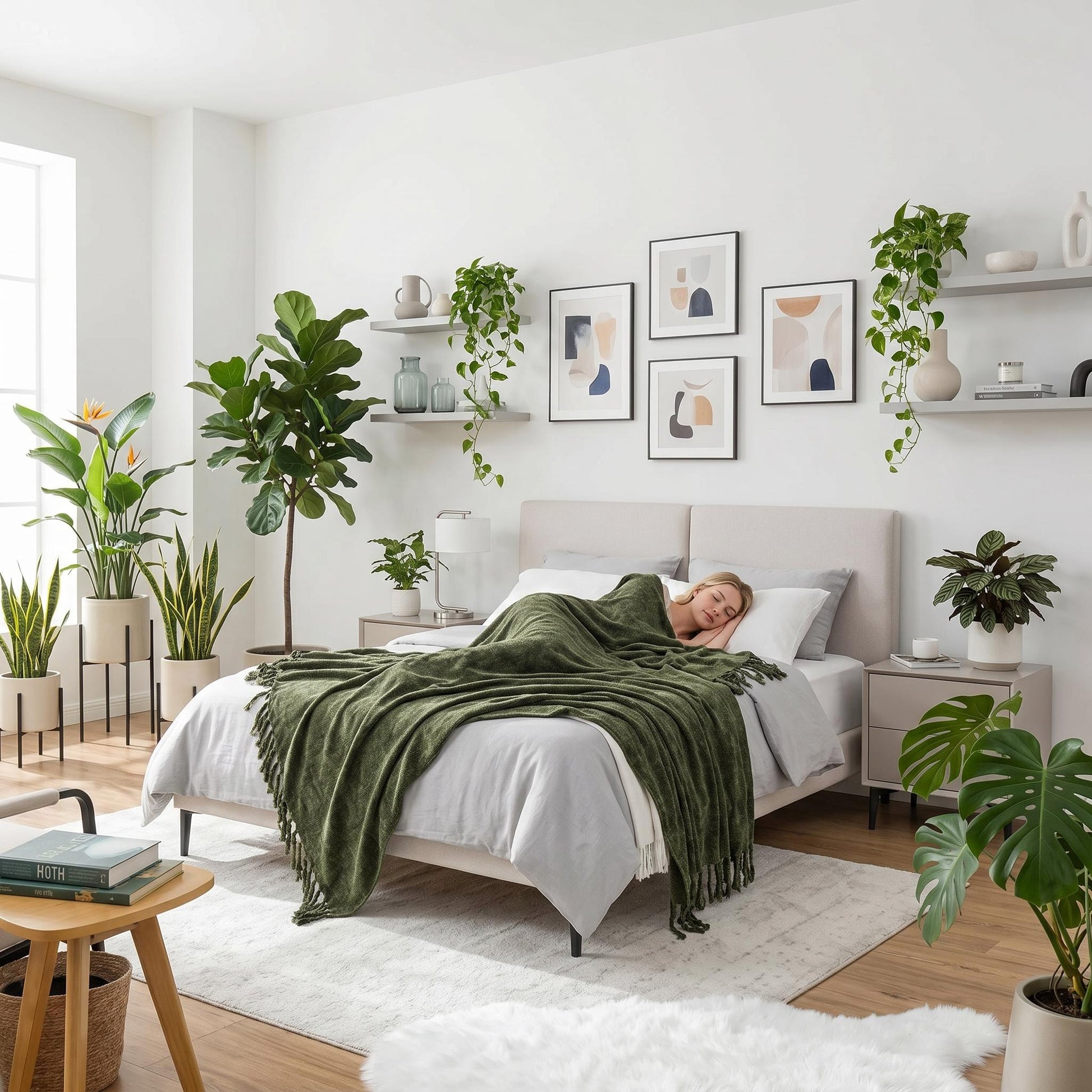 Woman sleeping peacefully under a soft, dark green chenille throw blanket with fringe tassels on a modern bed.