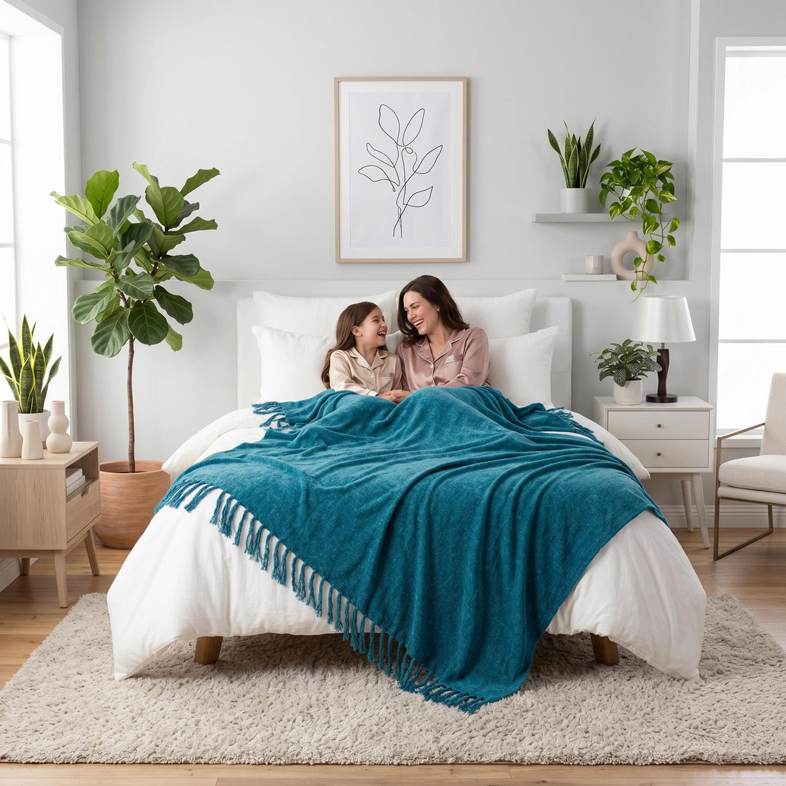 Mother and child smiling under a teal chenille throw blanket with fringe tassels on a white bed.