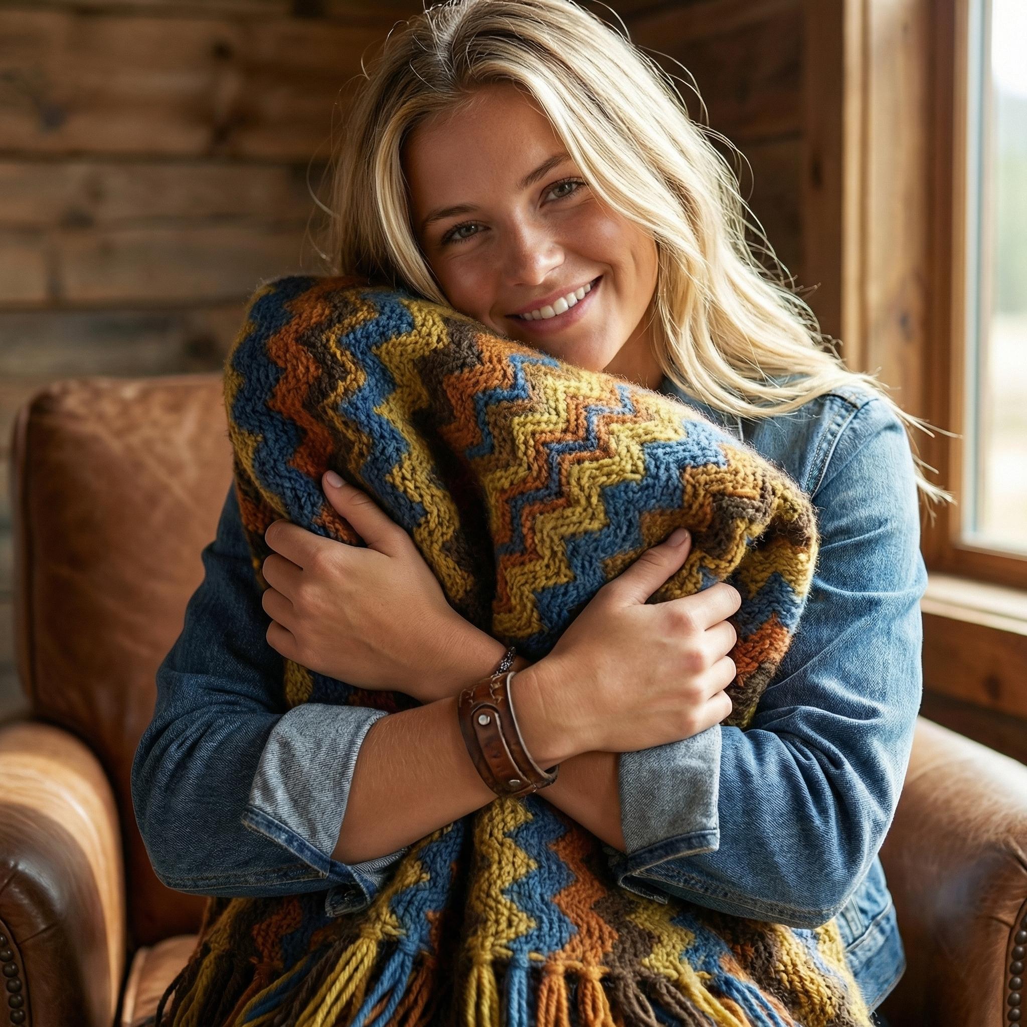 Smiling woman hugging a chic hand-knitted acrylic blanket with a bohemian zigzag pattern and tassels.