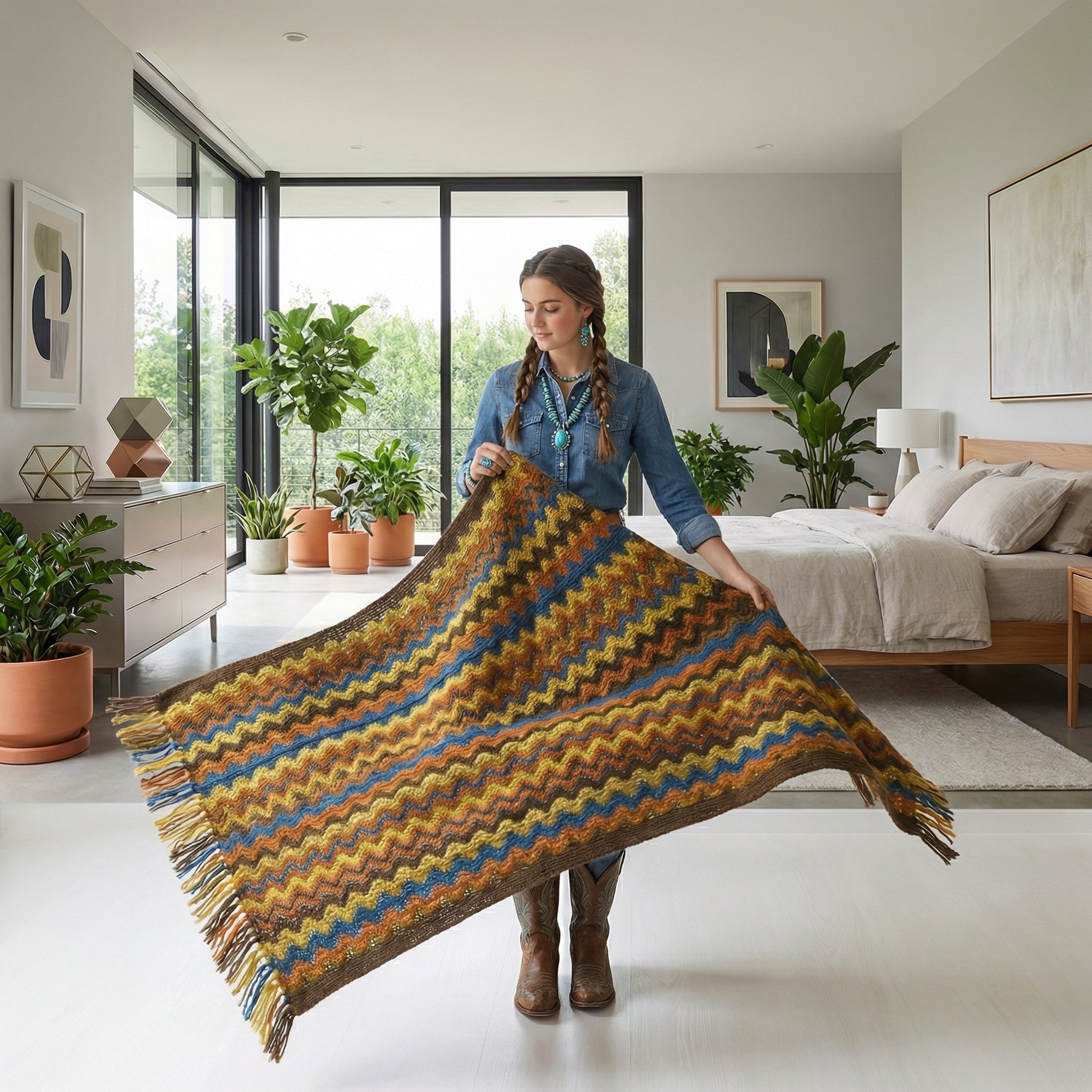 Woman holding a chic hand-knitted acrylic blanket with a colorful chevron pattern and tassels in a modern bedroom.