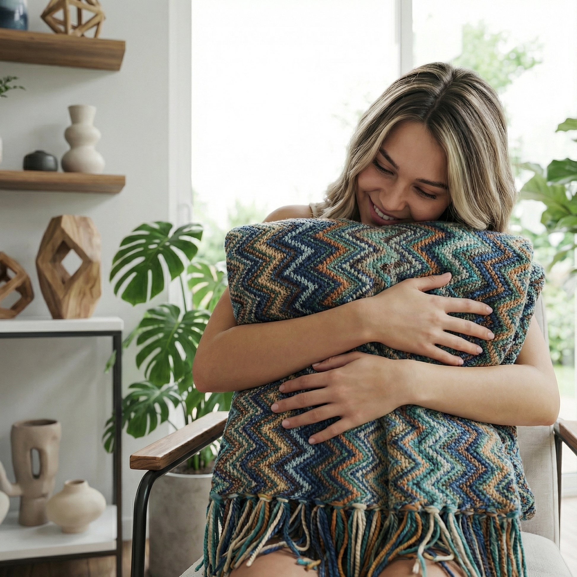 Smiling woman hugging a soft, hand-knitted acrylic blanket with a blue, green, and gold chevron pattern and tassels.