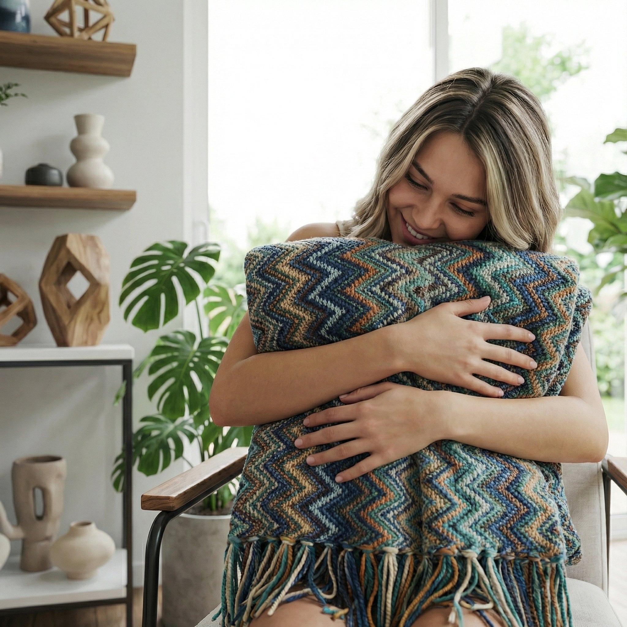 Smiling woman hugging a soft, hand-knitted acrylic blanket with a blue, green, and gold chevron pattern and tassels.