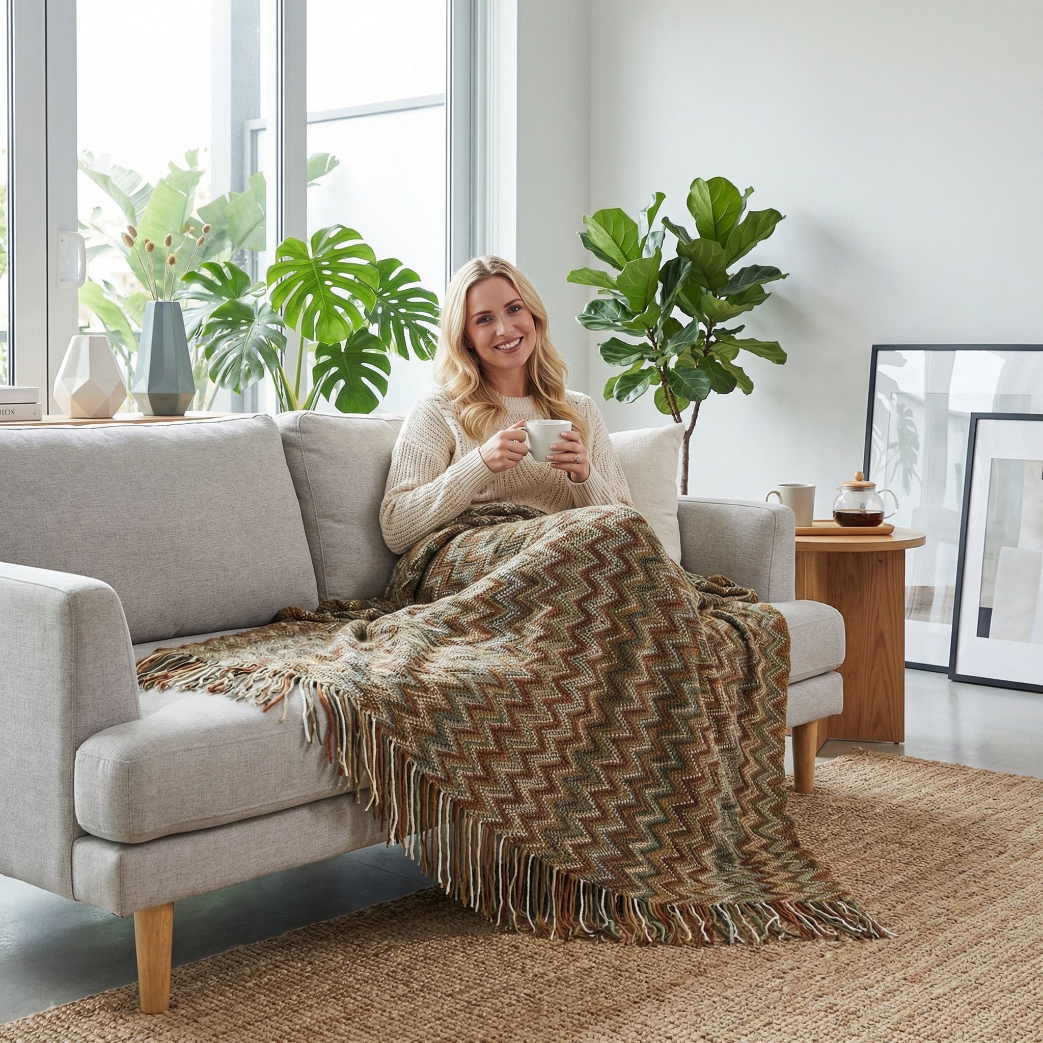 Smiling woman on a sofa, cozy under a chic hand-knitted acrylic blanket with green and brown chevron patterns and tassels.