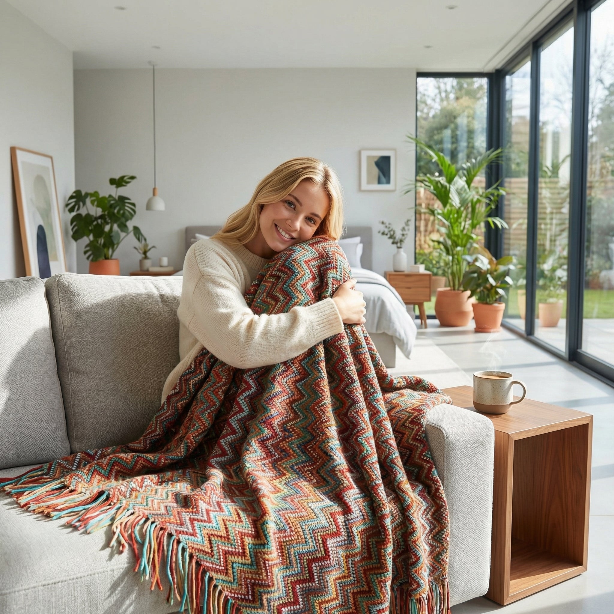 Smiling woman on a sofa wrapped in a colorful hand-knitted acrylic blanket with chevron pattern and tassels.