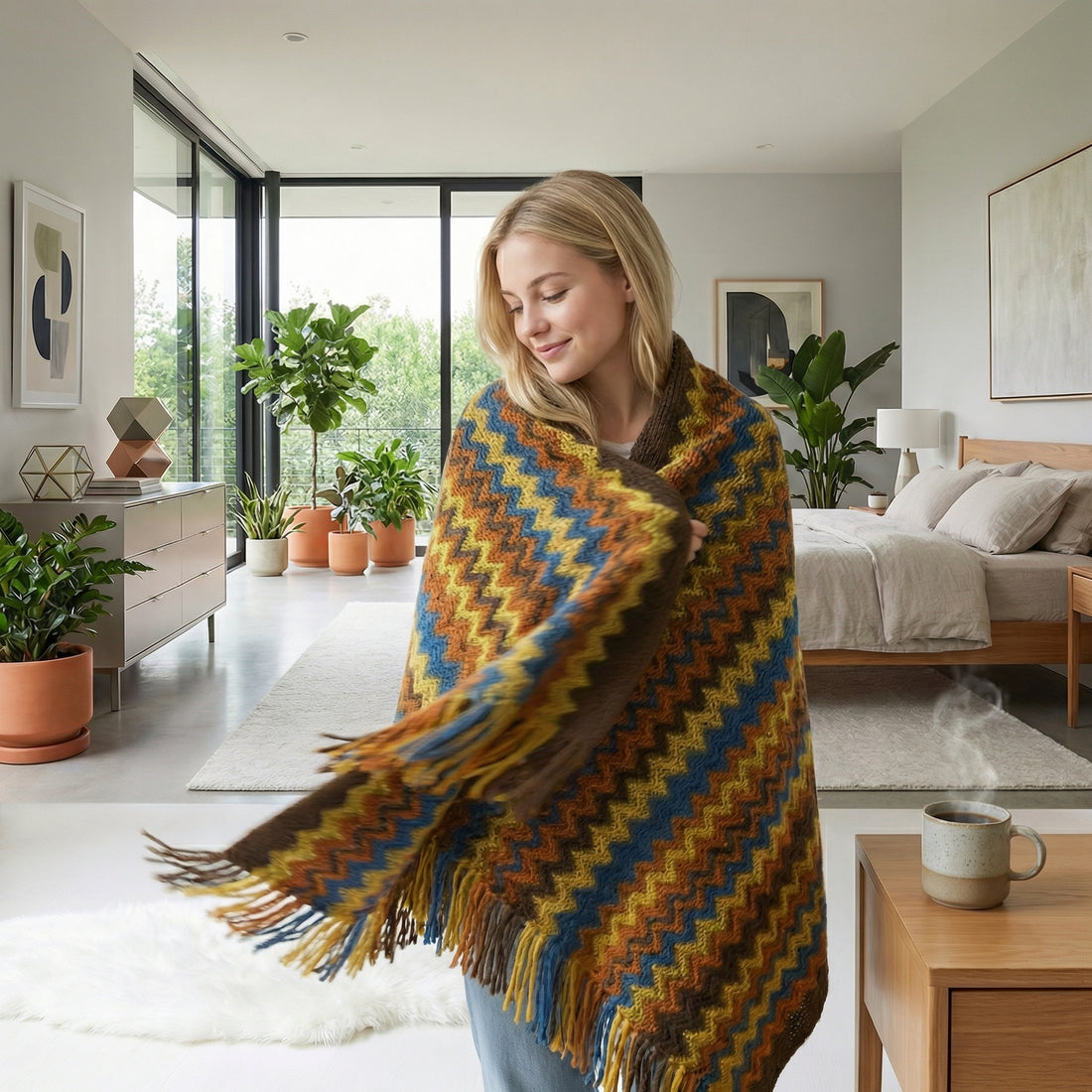 Blonde woman wrapped in a chic hand-knitted blanket with blue, yellow, and brown chevron patterns and tassels.