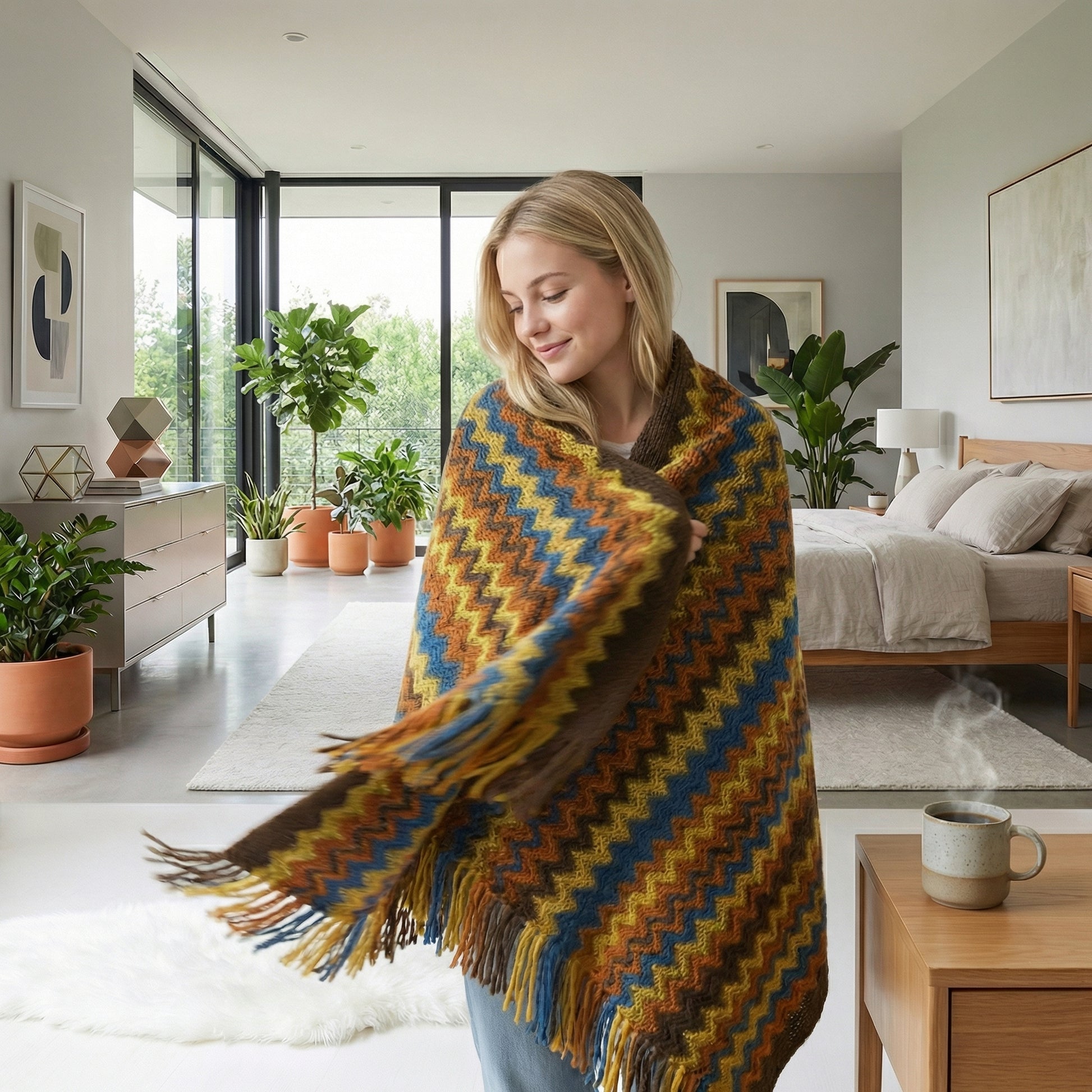 Blonde woman wrapped in a chic hand-knitted blanket with blue, yellow, and brown chevron patterns and tassels.