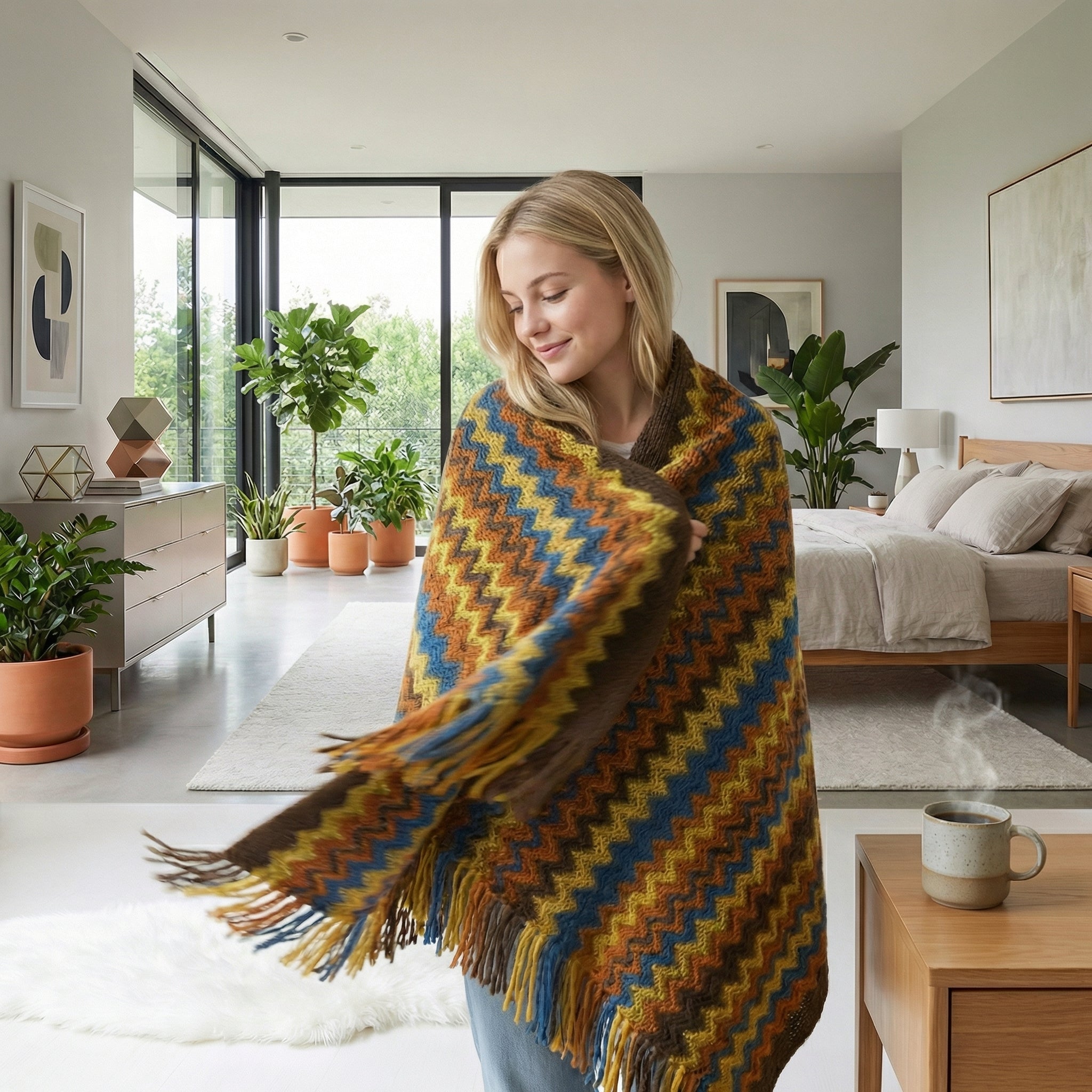 Blonde woman wrapped in a chic hand-knitted blanket with blue, yellow, and brown chevron patterns and tassels.