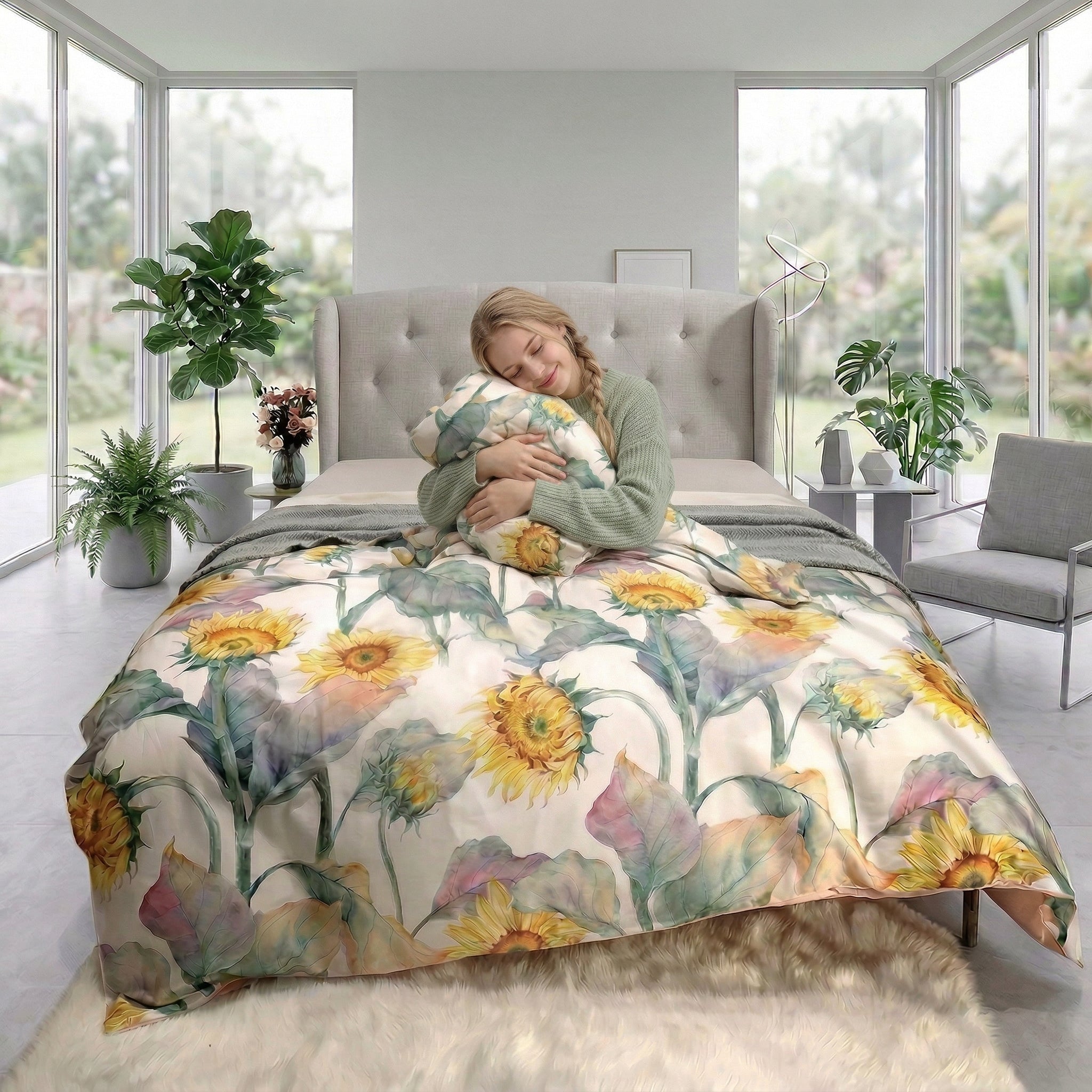 Woman hugging a pillow on a bed with a white duvet cover featuring large watercolor sunflowers.