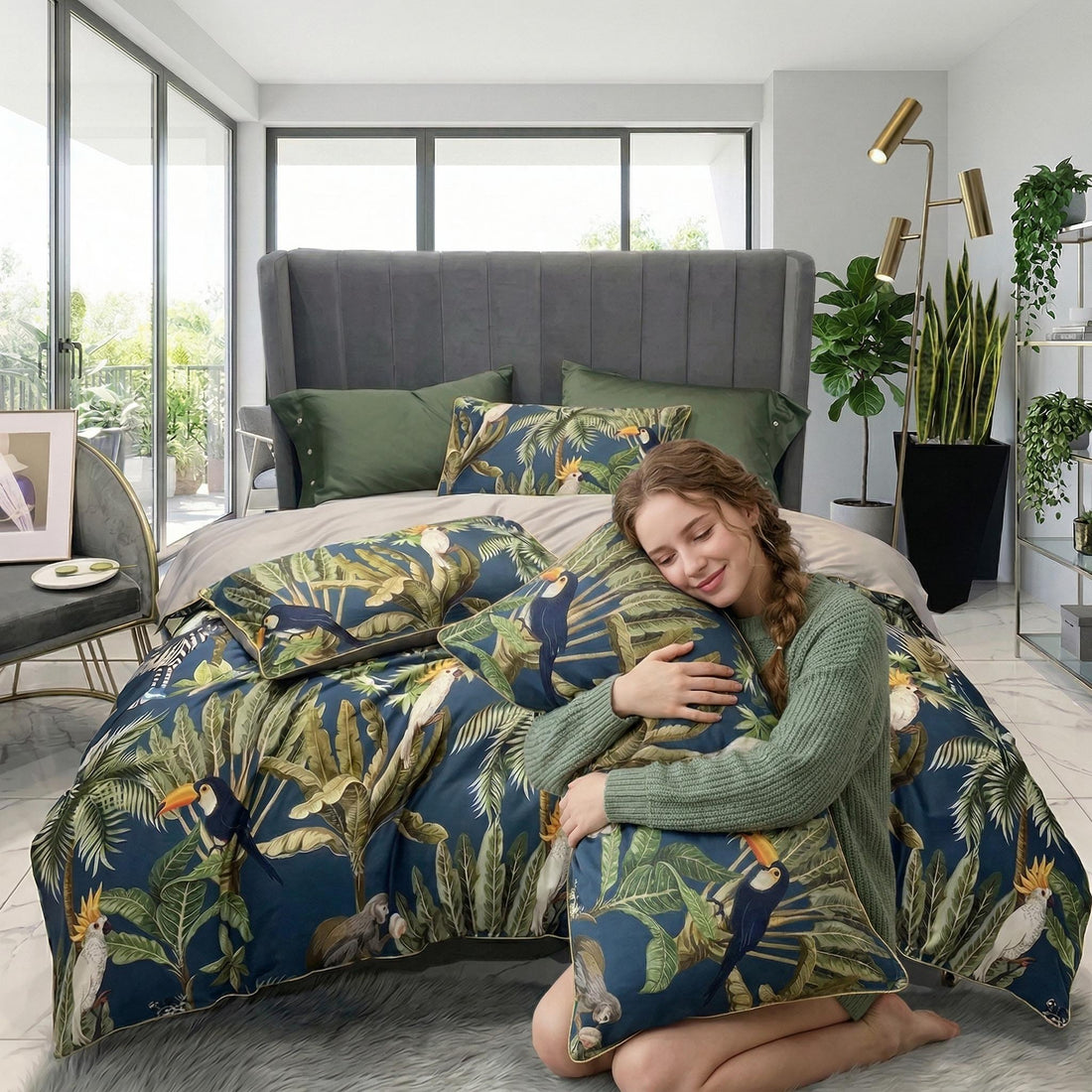 King size bed with blue tropical duvet cover set, featuring toucans, monkeys, and palm leaves, with a woman and child sleeping.