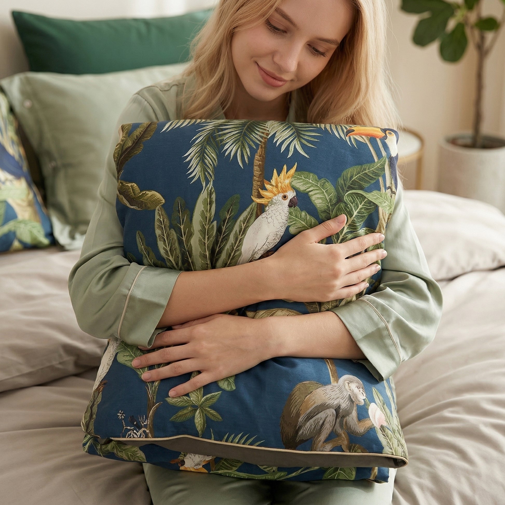 Blonde woman hugging a blue Chinoiserie duvet cover with tropical birds, monkeys, and palm trees.