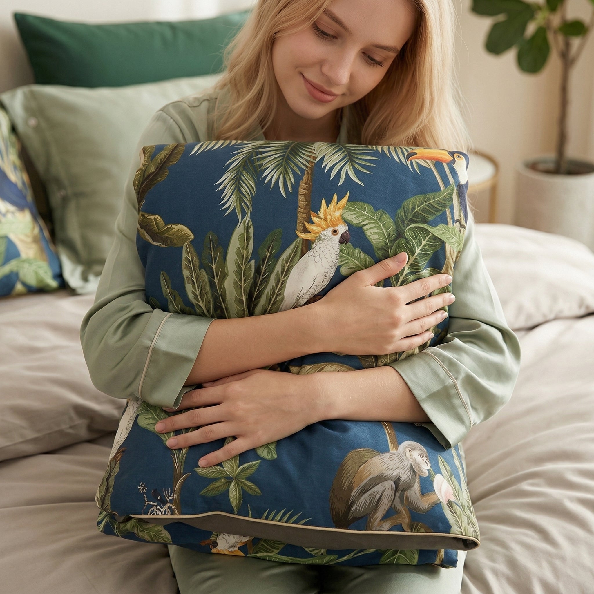 Blonde woman hugging a blue Chinoiserie duvet cover with tropical birds, monkeys, and palm trees.