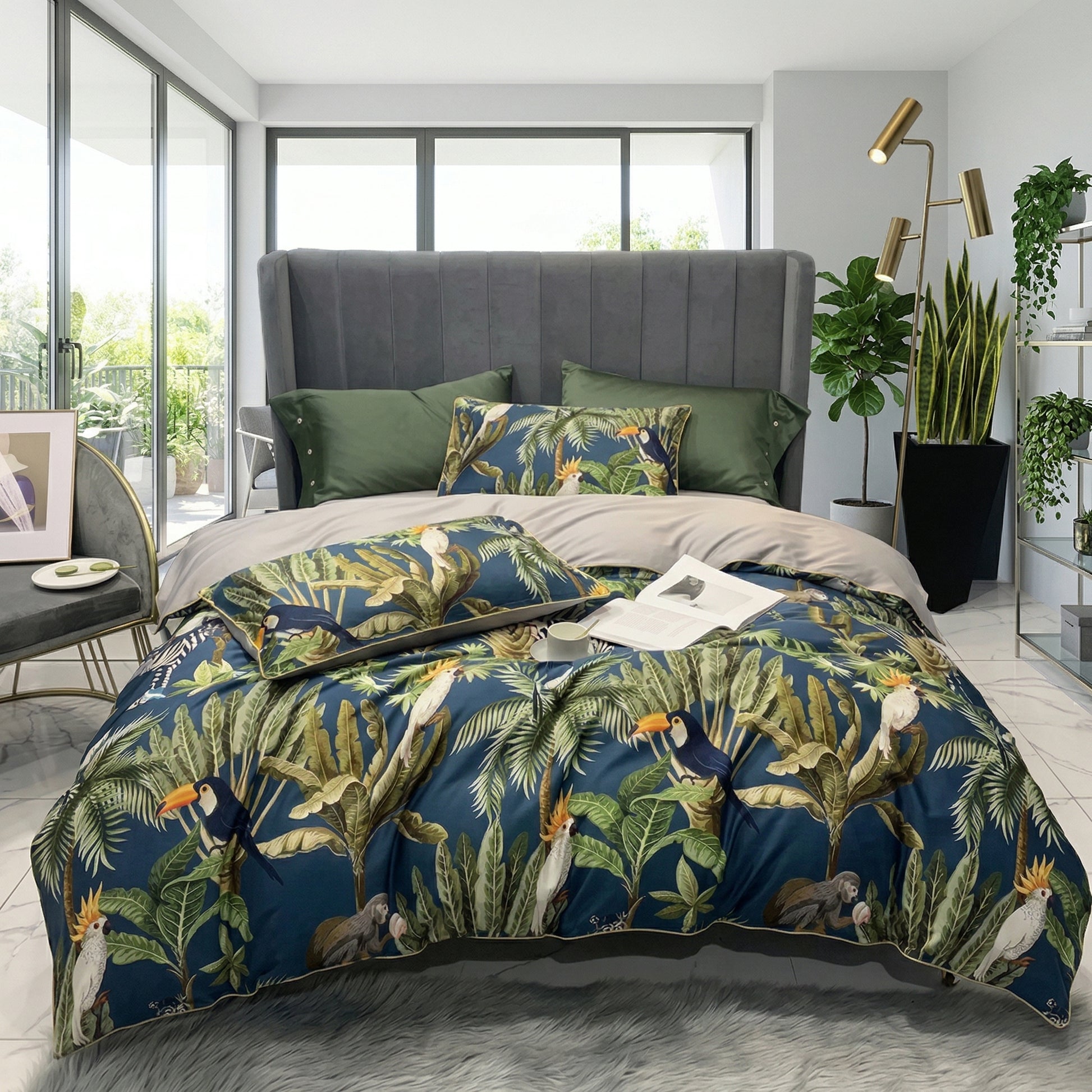 King size Chinoiserie Birds and Flowers duvet cover set in blue and green Egyptian cotton.