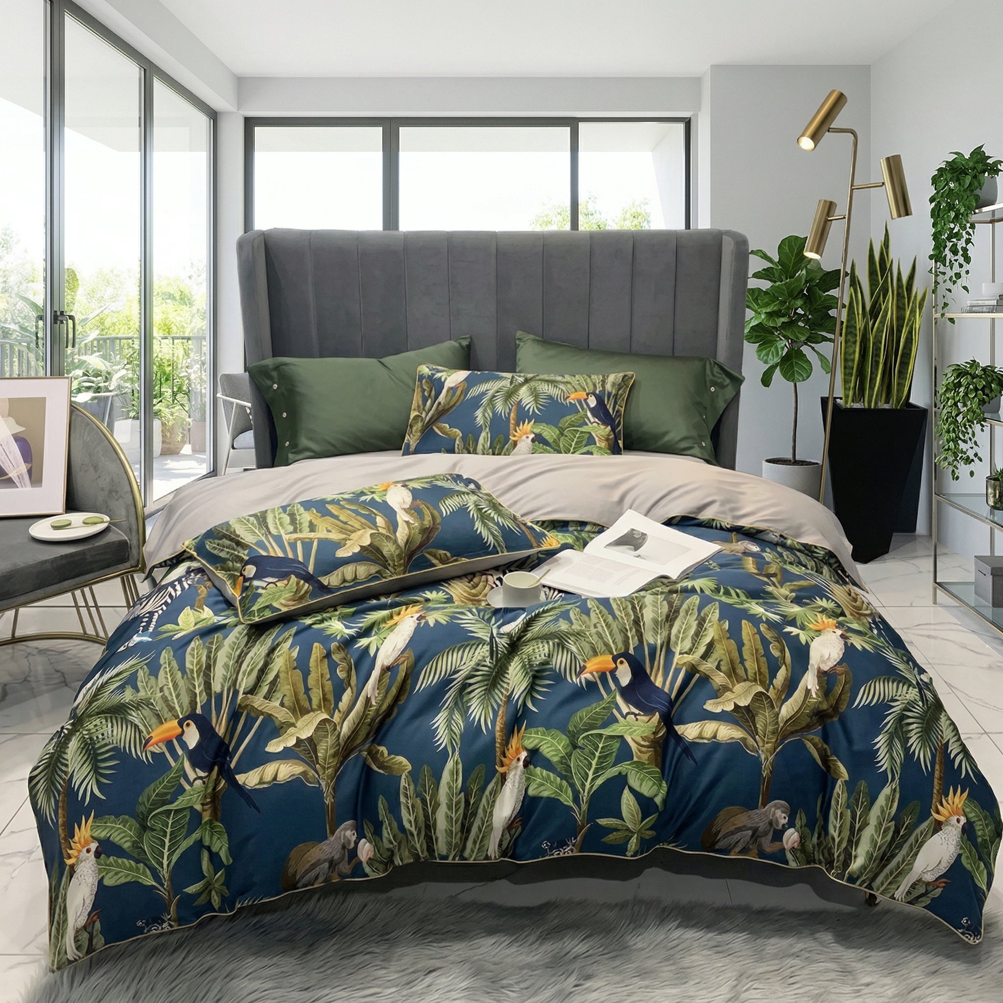 King size Chinoiserie Birds and Flowers duvet cover set in blue and green Egyptian cotton.