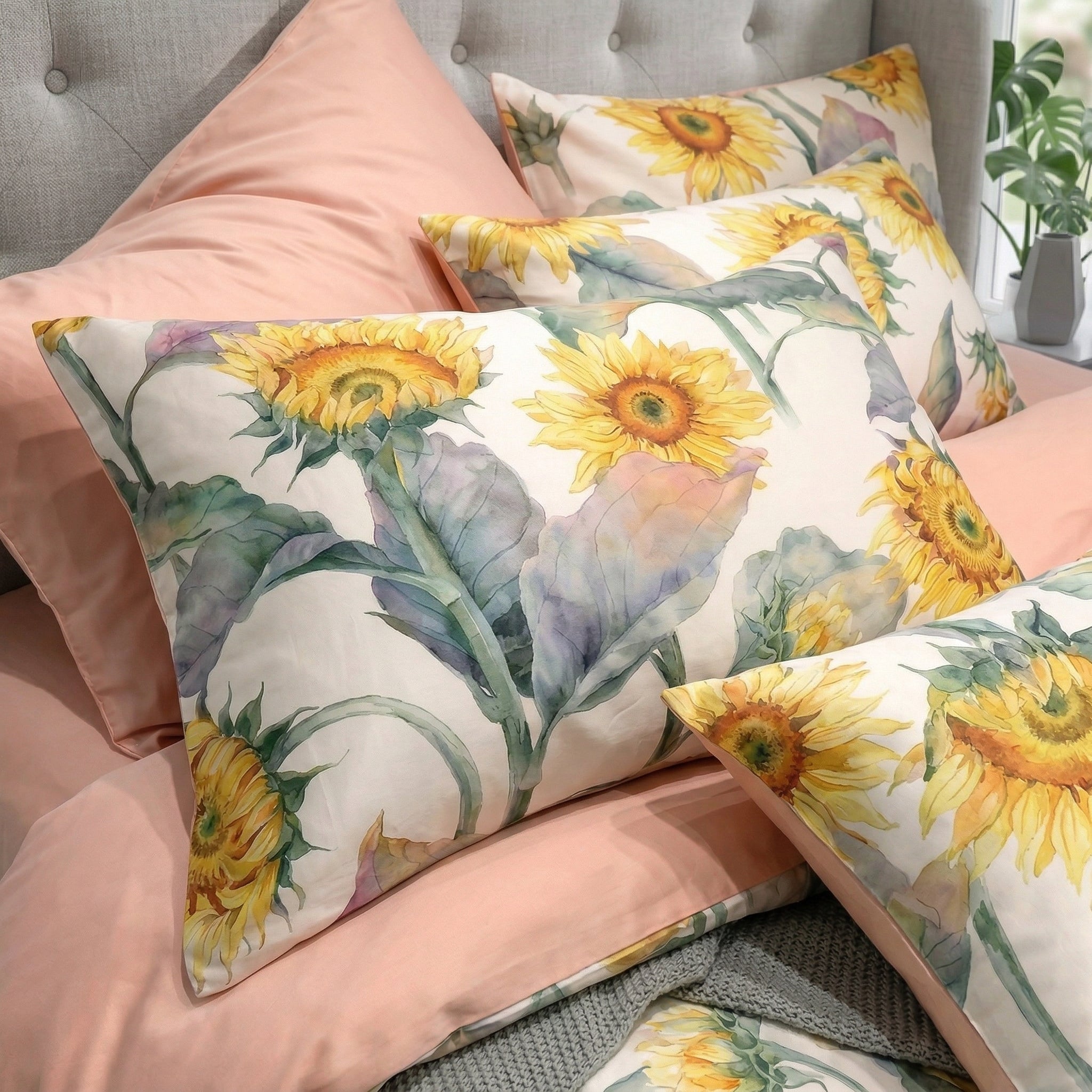 Soft pink cotton duvet cover and pillowcases with vibrant sunflower print, on a gray tufted headboard.