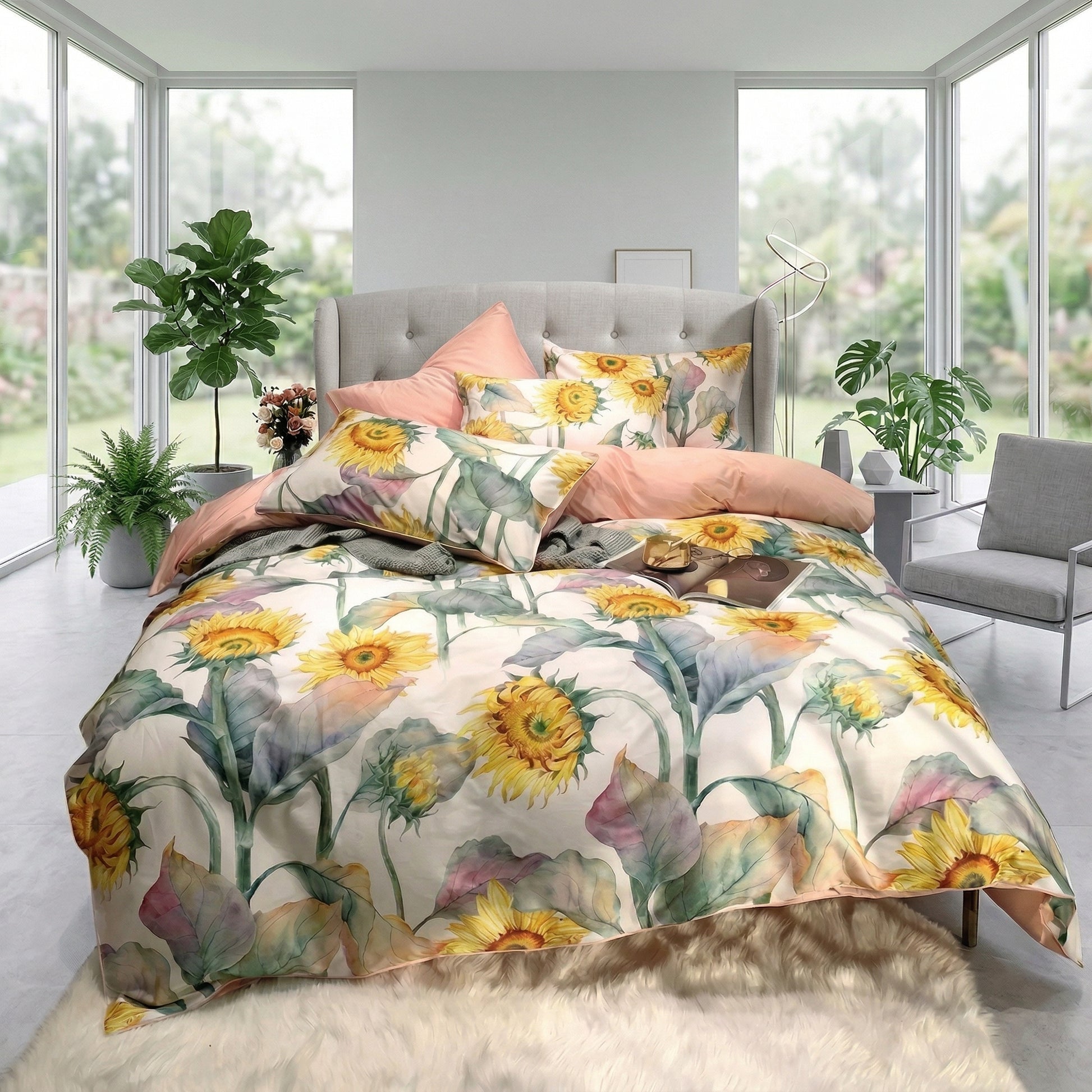 King size duvet cover set with vibrant sunflower and leaf print, peach accents, and cotton material.