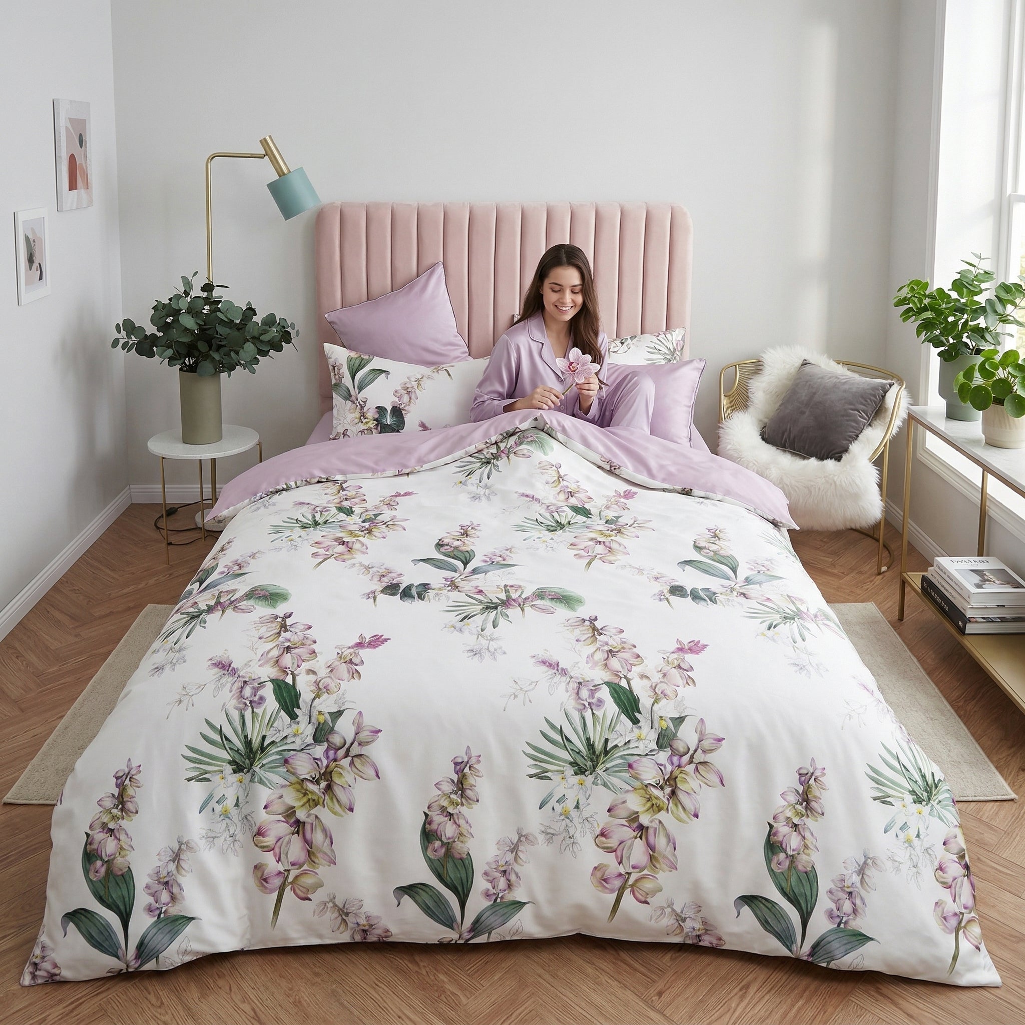 White Chinoiserie Birds and Flowers cotton duvet cover set with lavender trim on a bed with a woman.