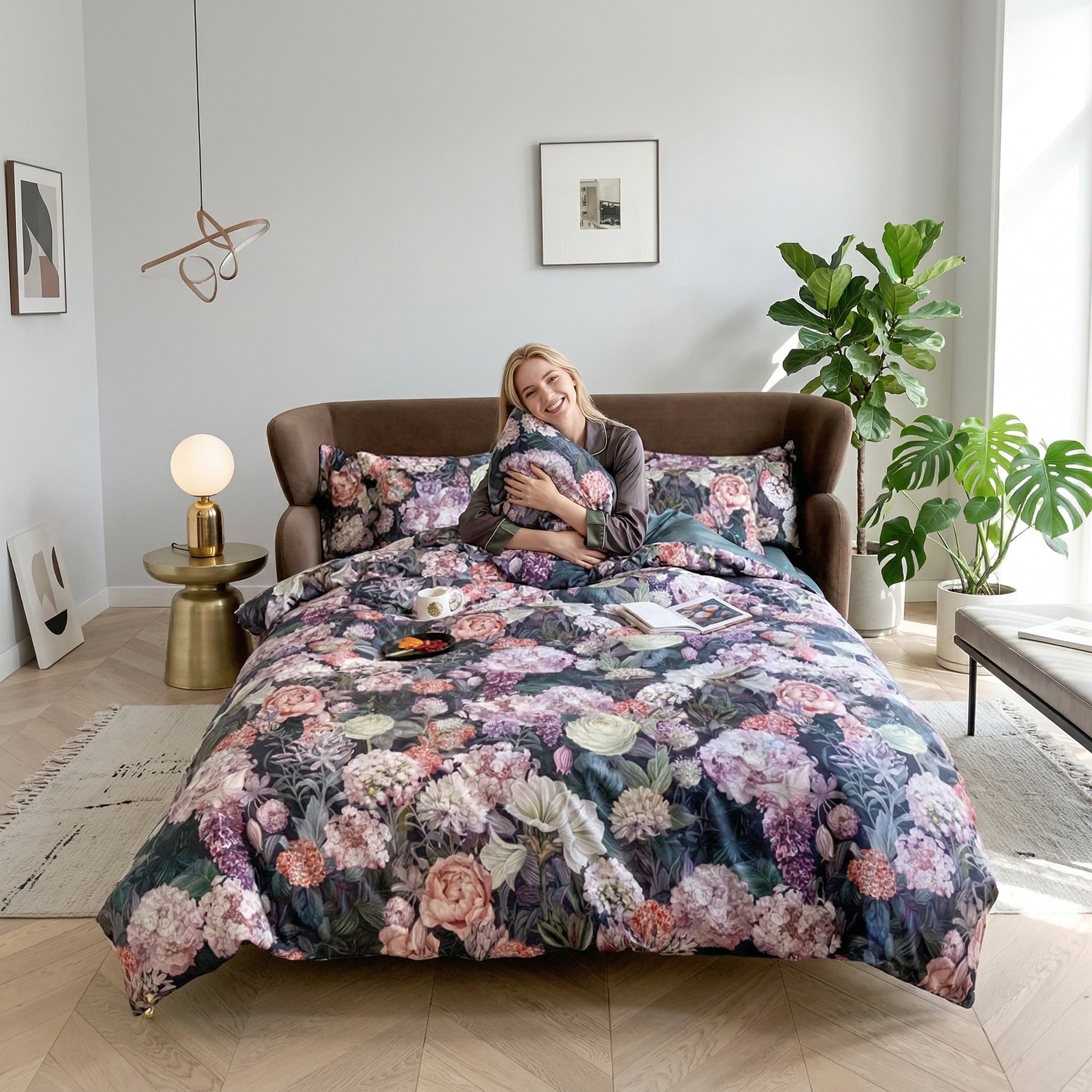 King size bed with Chinoiserie Birds and Flowers Egyptian Cotton duvet cover set, featuring vibrant floral and bird motifs.