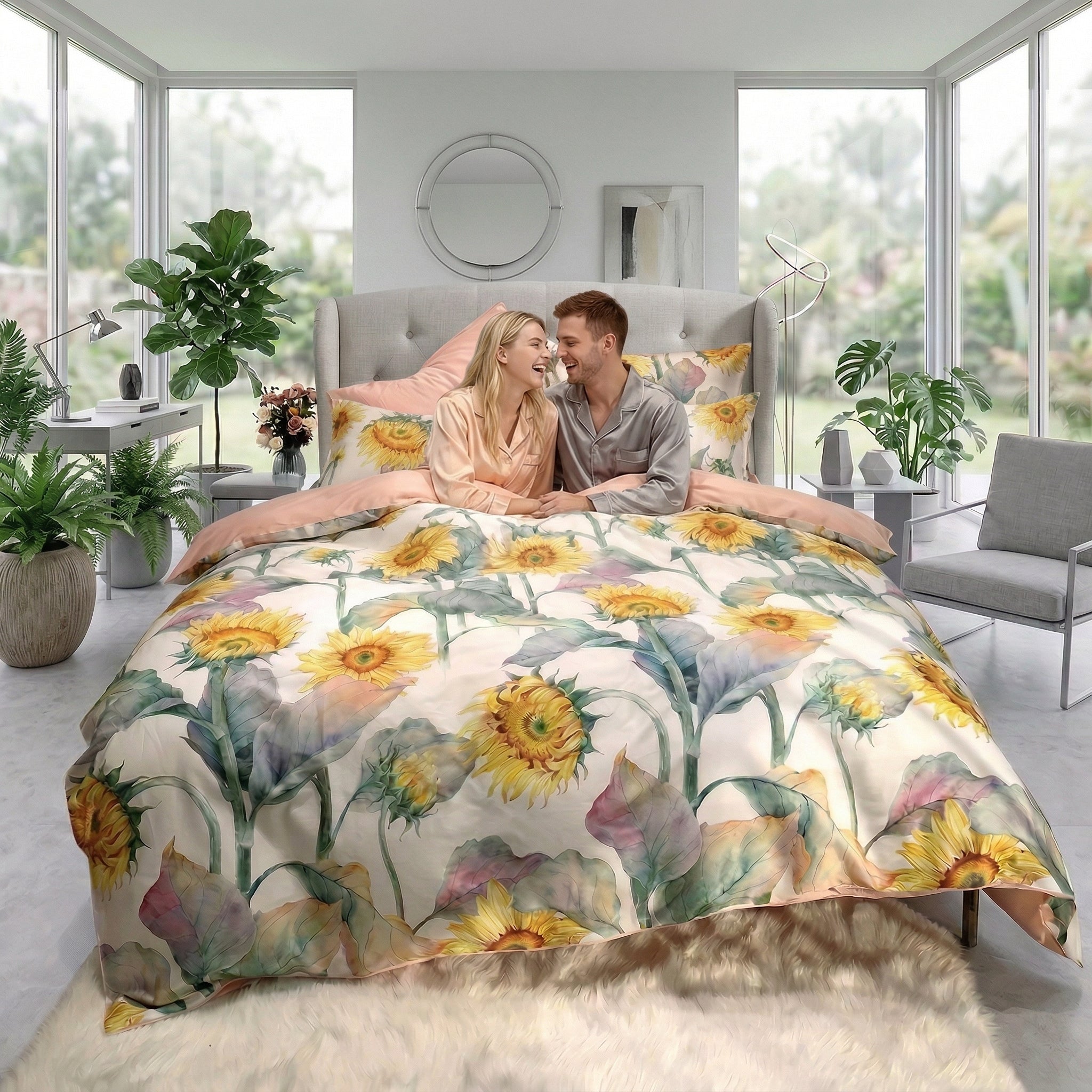 Couple on a bed with a white duvet cover featuring large yellow sunflowers and green leaves.