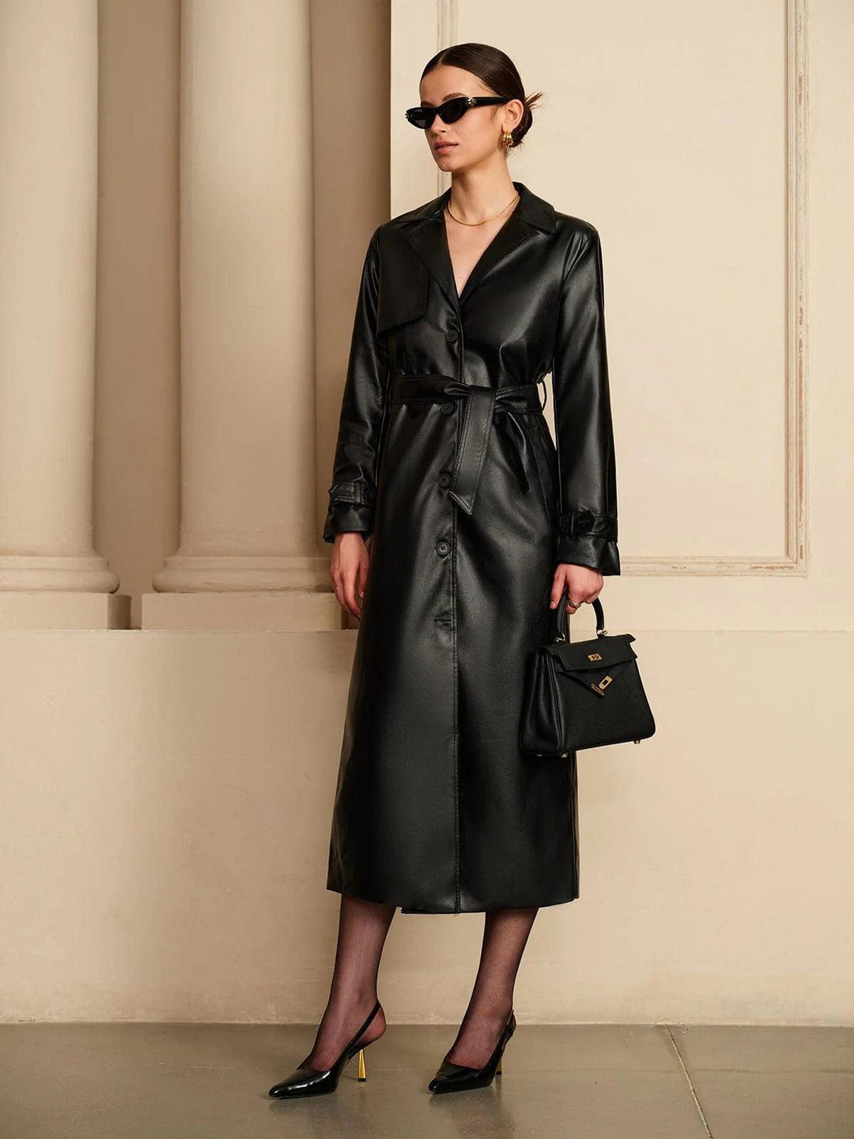 Chiq Faux Leather Midi Trench Coat with Belt 0