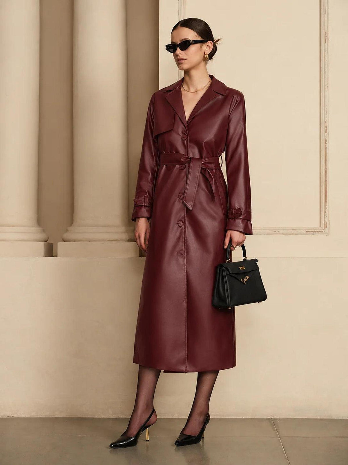 Chiq Faux Leather Midi Trench Coat with Belt 3