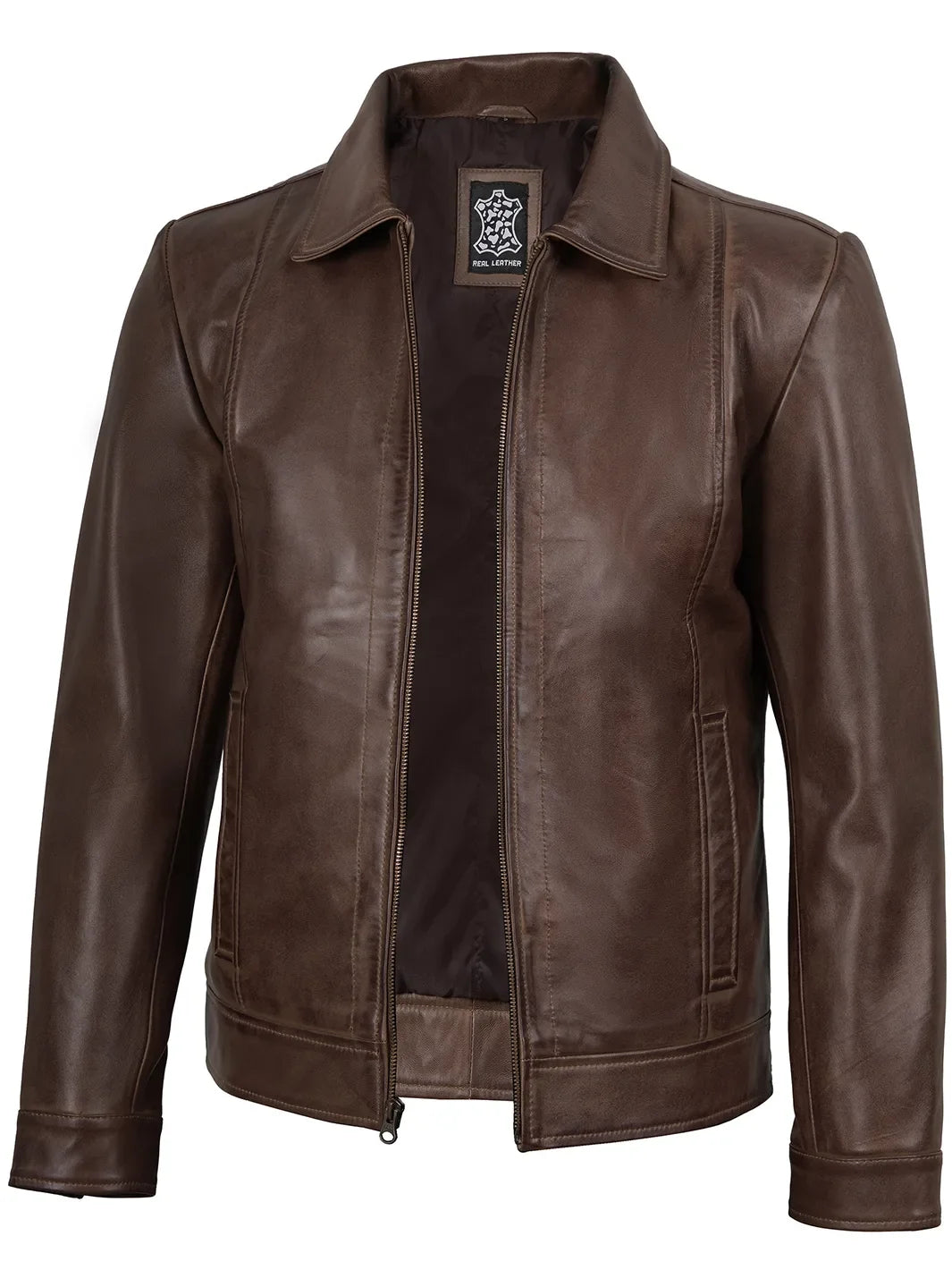 Chocolate Brown Lambskin Leather Harrington Jacket for Men 0