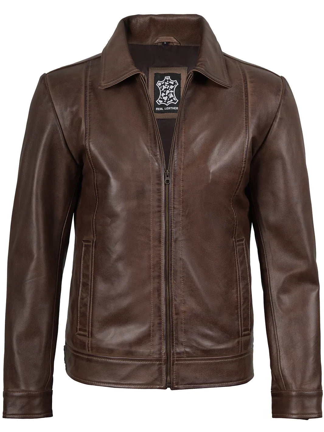 Chocolate Brown Lambskin Leather Harrington Jacket for Men 1