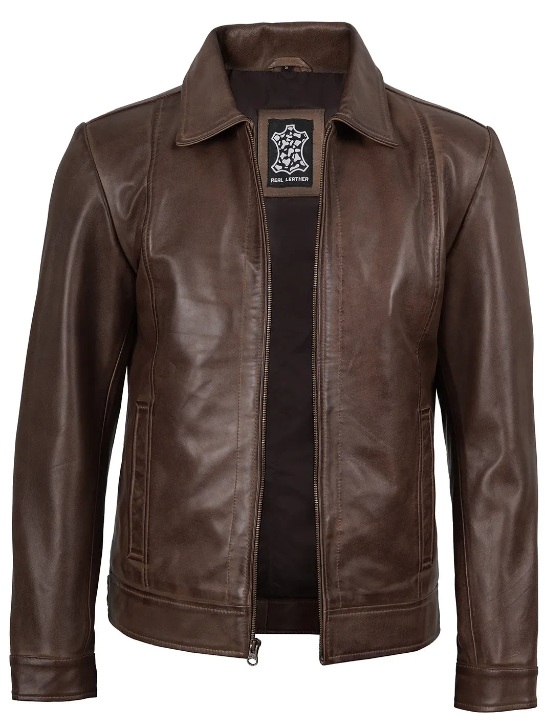 Chocolate Brown Lambskin Leather Harrington Jacket for Men 2