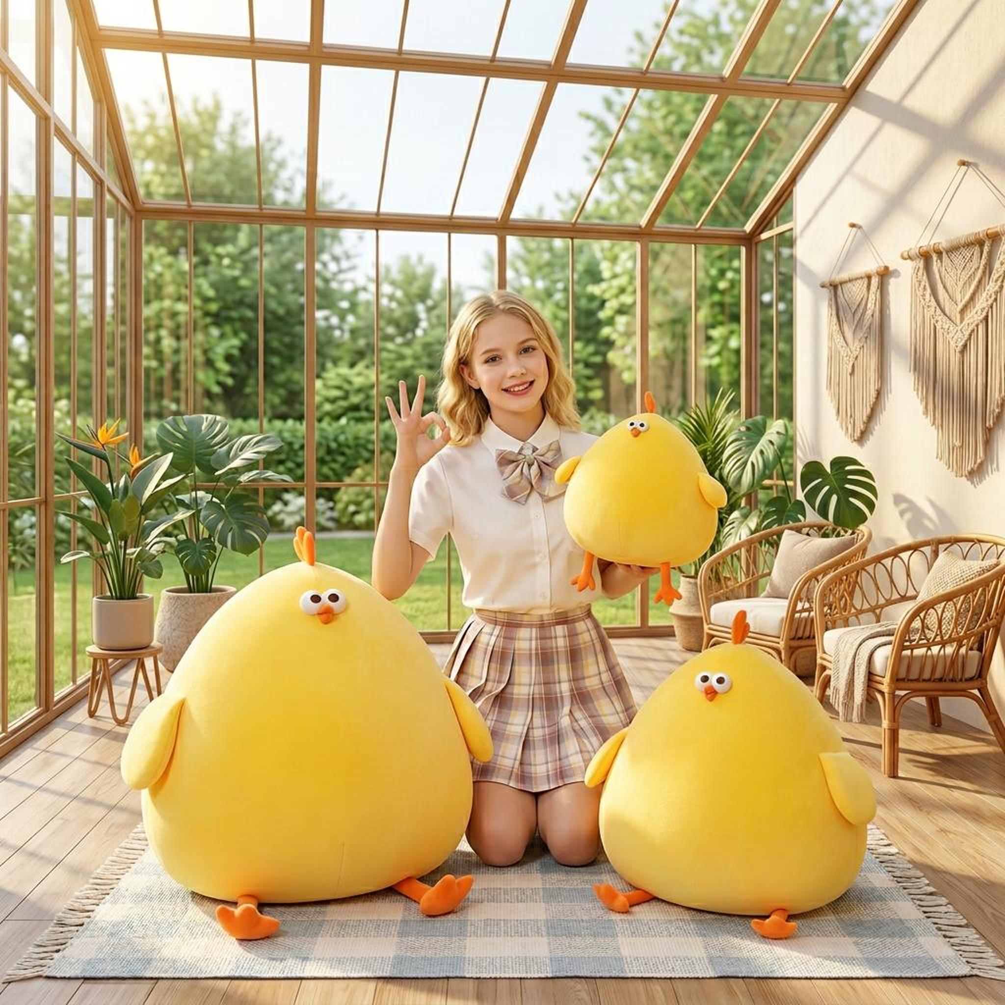 Smiling girl with three round, bright yellow chubby chicken plush pillows of varying sizes.
