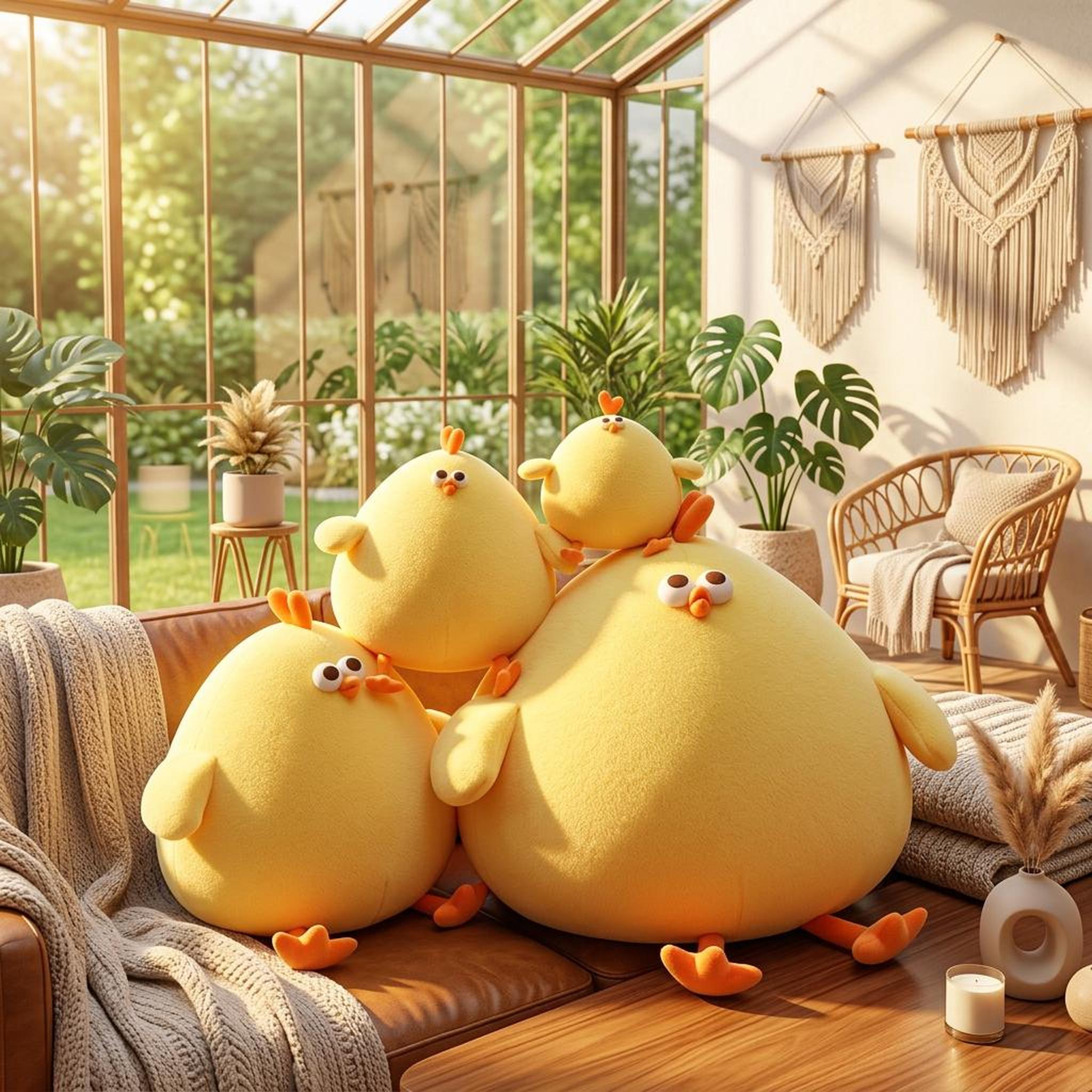 Four bright yellow, round plush chicken pillows with orange beaks and feet on a brown leather sofa.