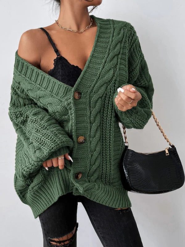 Chunky Cable Knit Cardigan Sweater with Balloon Sleeves 1