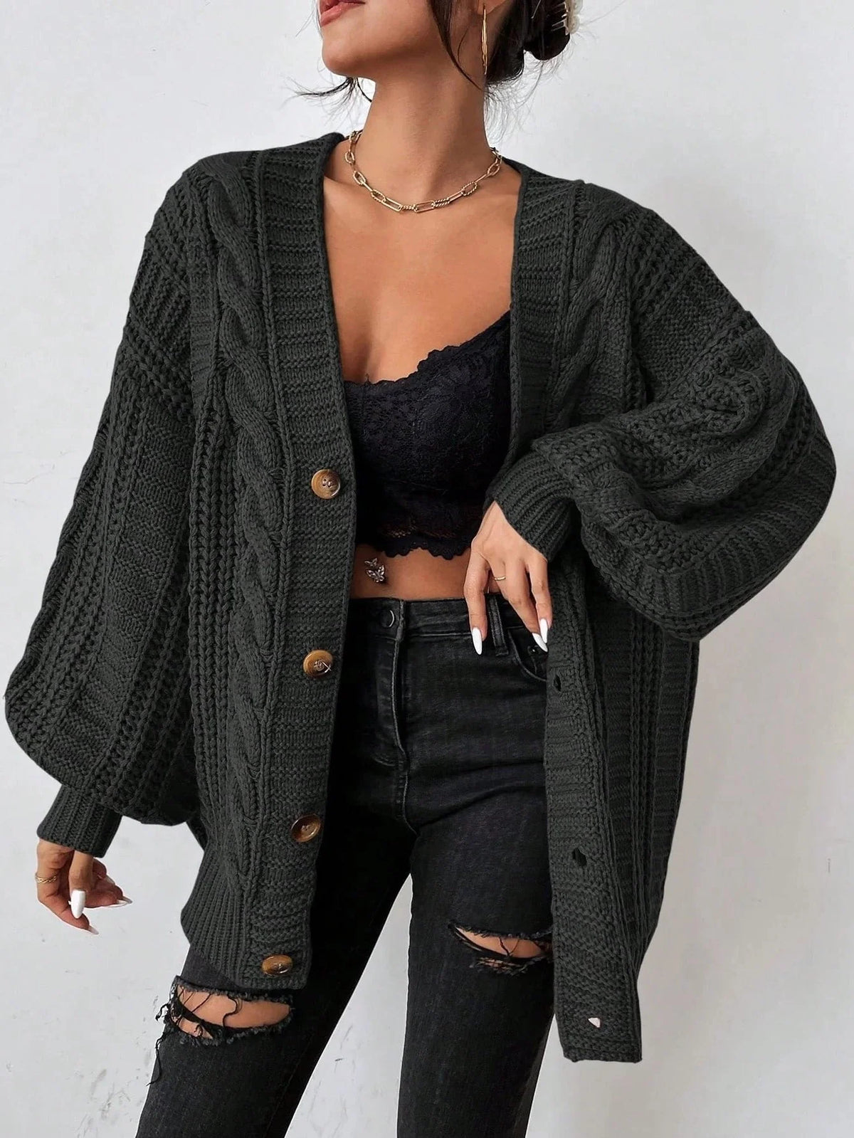 Chunky Cable Knit Cardigan Sweater with Balloon Sleeves 3