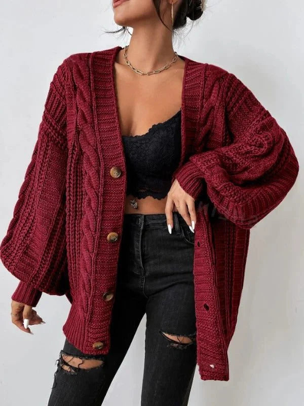 Chunky Cable Knit Cardigan Sweater with Balloon Sleeves 0