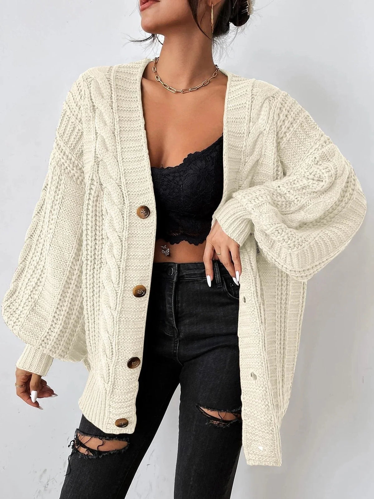 Chunky Cable Knit Cardigan Sweater with Balloon Sleeves 2