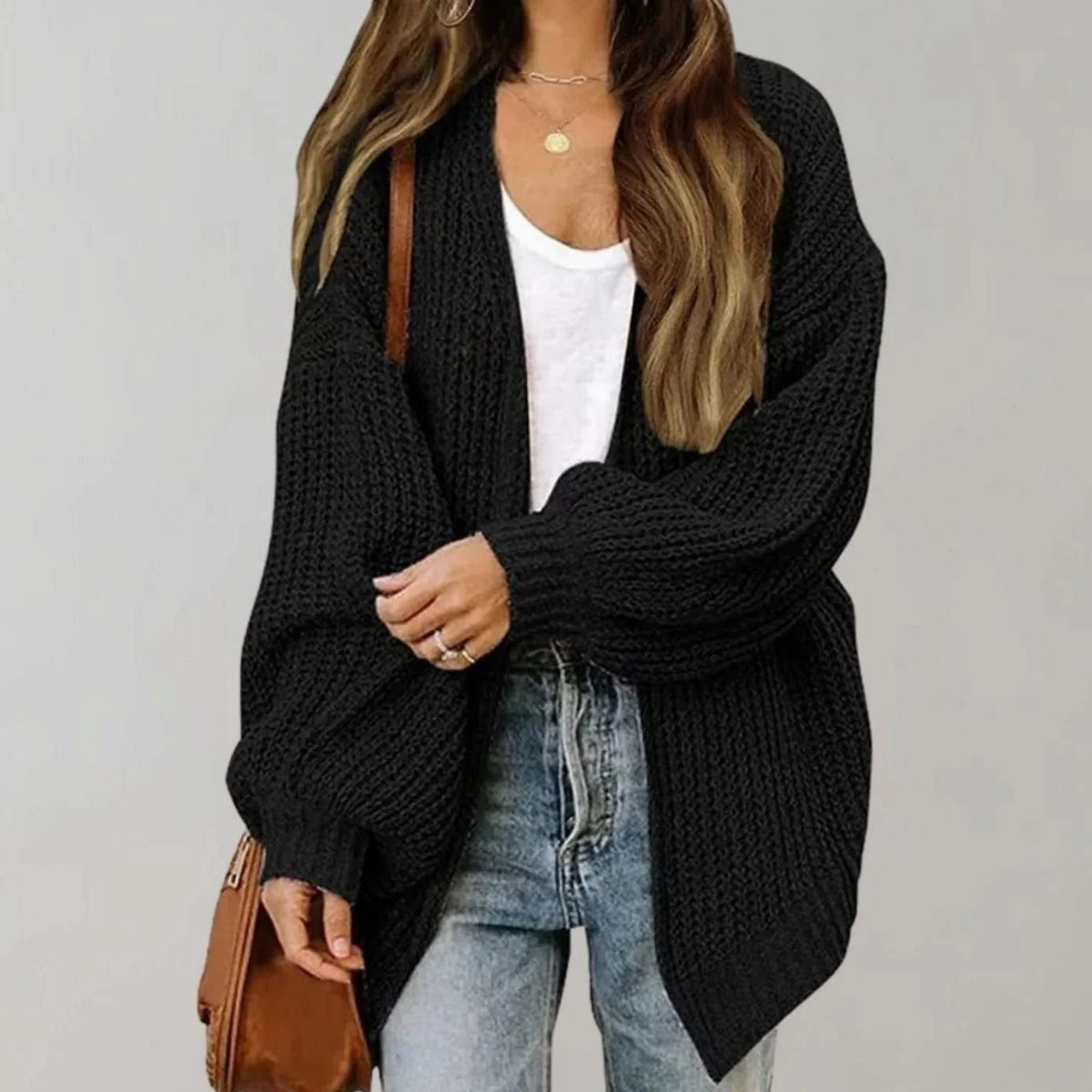 Chunky Knit Open Front Cardigan with Balloon Sleeves 0