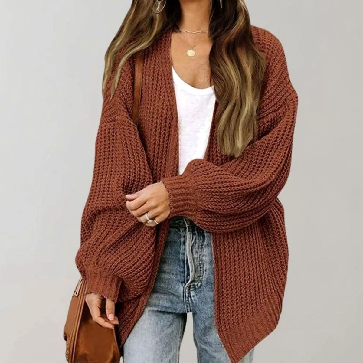 Chunky Knit Open Front Cardigan with Balloon Sleeves 1