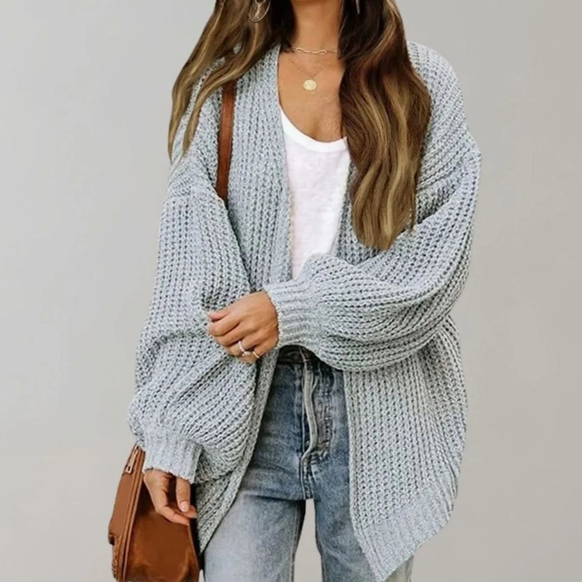 Chunky Knit Open Front Cardigan with Balloon Sleeves 2