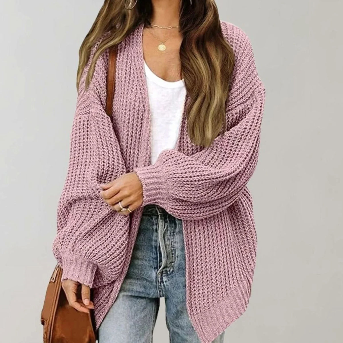 Chunky Knit Open Front Cardigan with Balloon Sleeves 3
