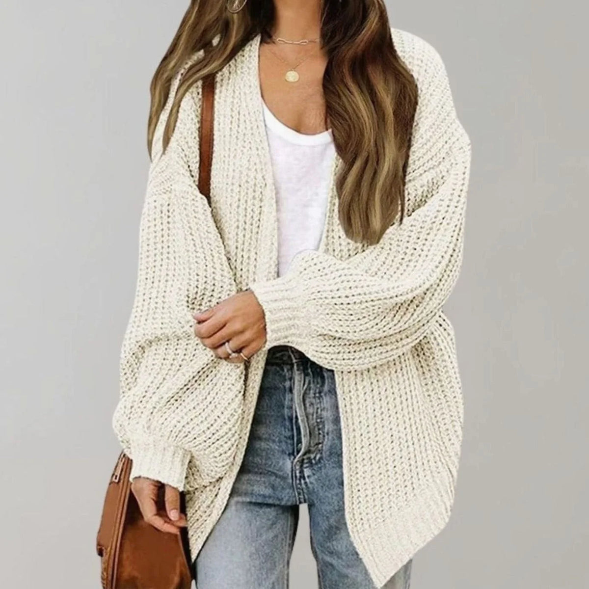Chunky Knit Open Front Cardigan with Balloon Sleeves 4