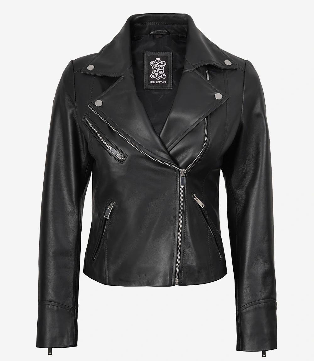 Classic Black Leather Jacket for Women with Asymmetrical Zip Closure-Leather Jackets-Glompi-Glompi