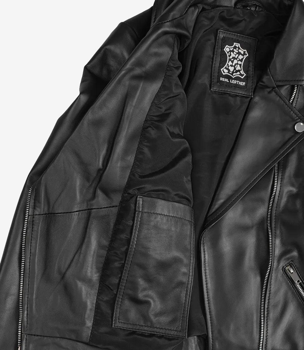 Classic Black Leather Jacket for Women with Asymmetrical Zip Closure-Leather Jackets-Glompi-Glompi