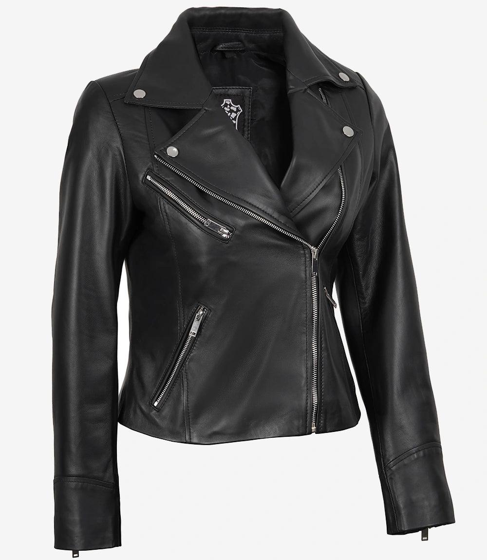 Classic Black Leather Jacket for Women with Asymmetrical Zip Closure-Leather Jackets-Glompi-Glompi