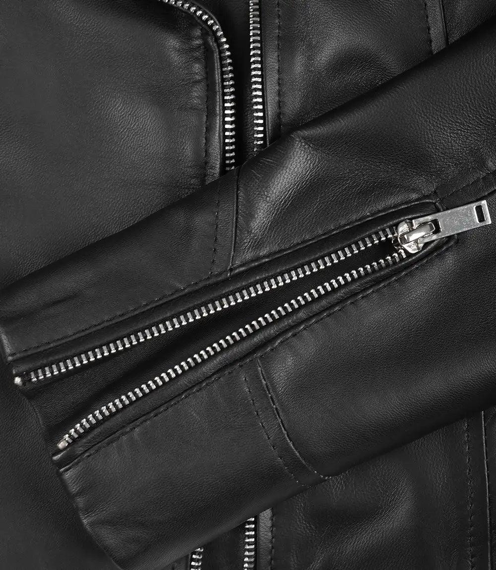 Classic Black Leather Jacket for Women with Asymmetrical Zip Closure-Leather Jackets-Glompi-Glompi