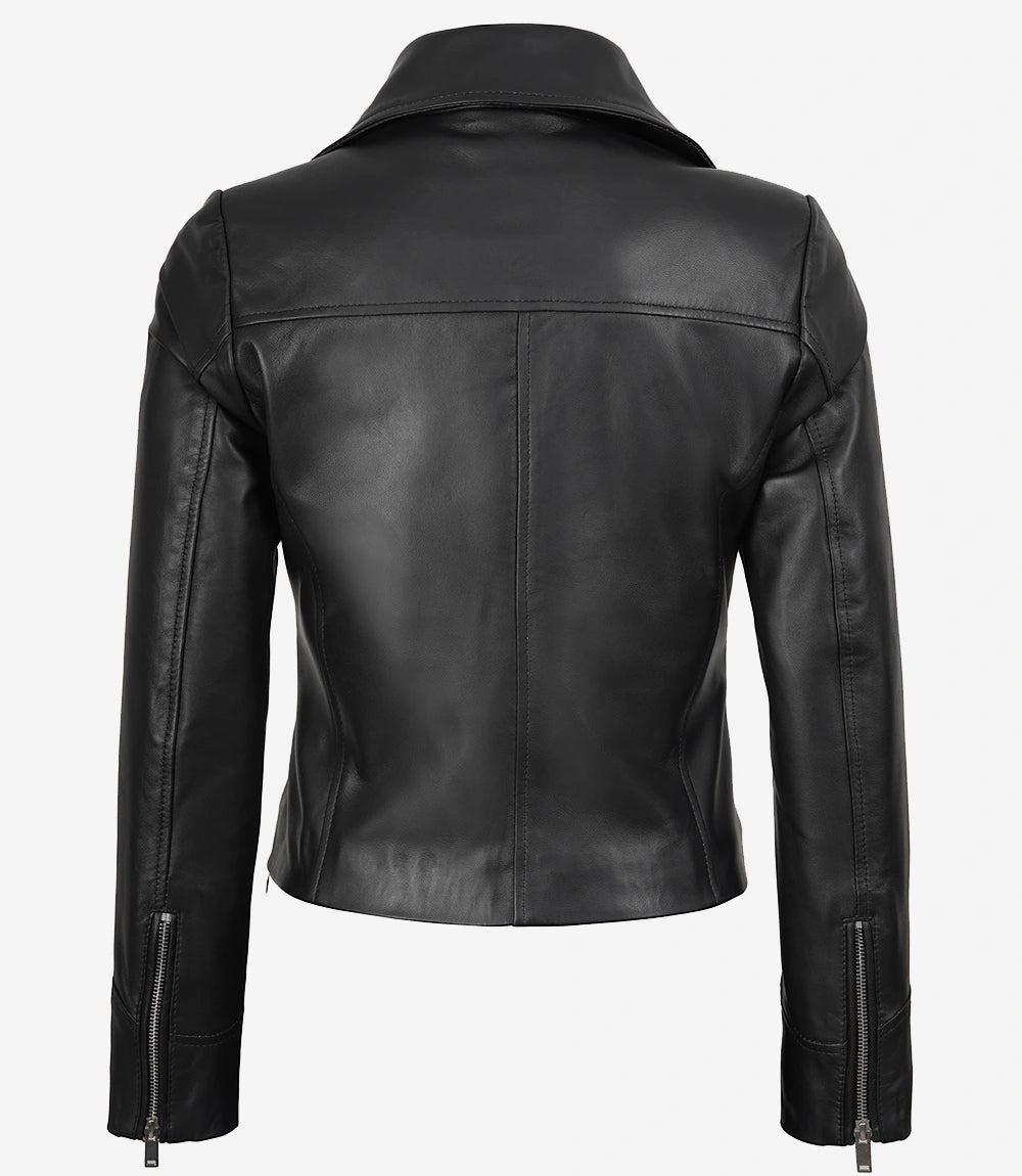 Classic Black Leather Jacket for Women with Asymmetrical Zip Closure-Leather Jackets-Glompi-Glompi