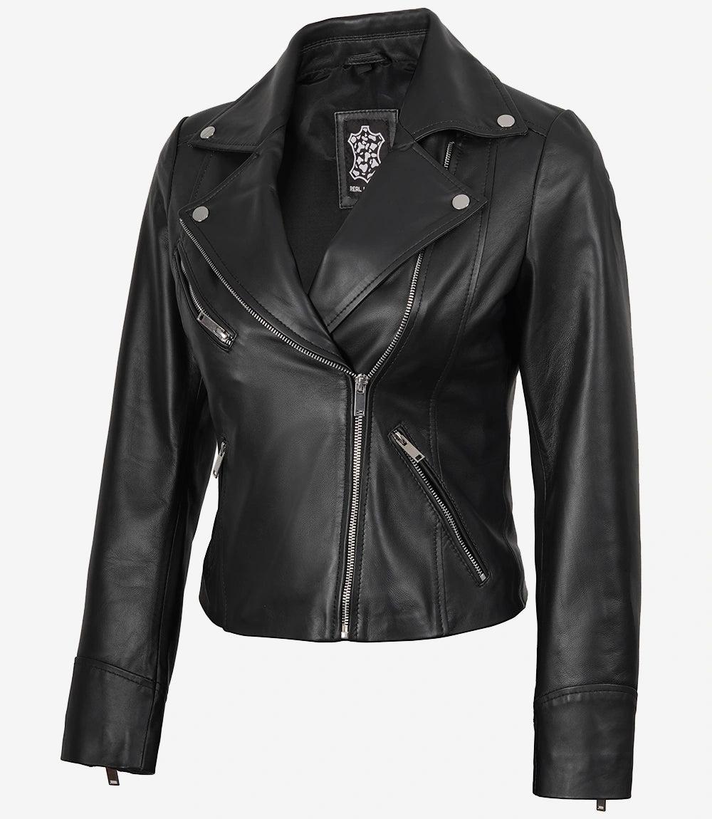 Classic Black Leather Jacket for Women with Asymmetrical Zip Closure-Leather Jackets-Glompi-XS-Glompi